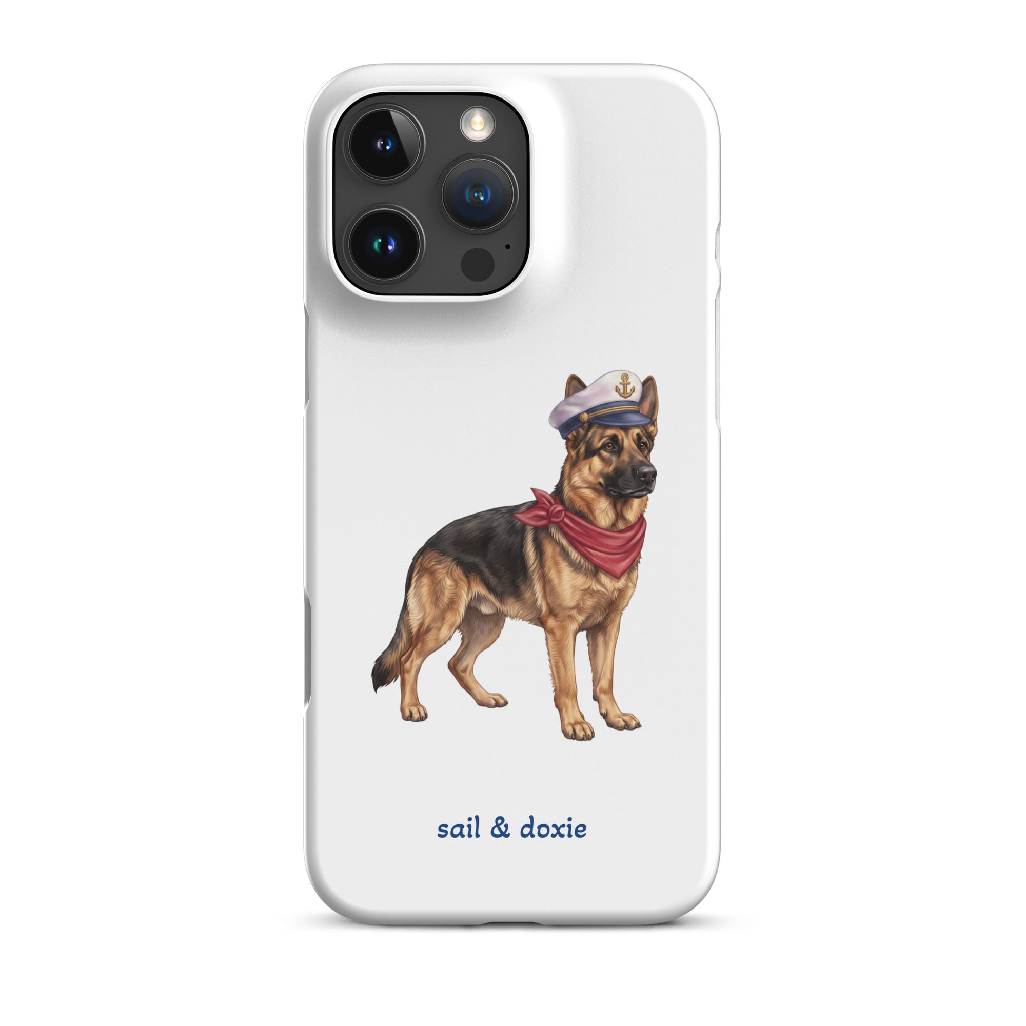 A white phone case featuring an illustration of a german shepherd wearing a captain's hat and red neckerchief, with the text 'sail & doxie' printed below. The case has a black camera cutout area and is shown on a plain white background.