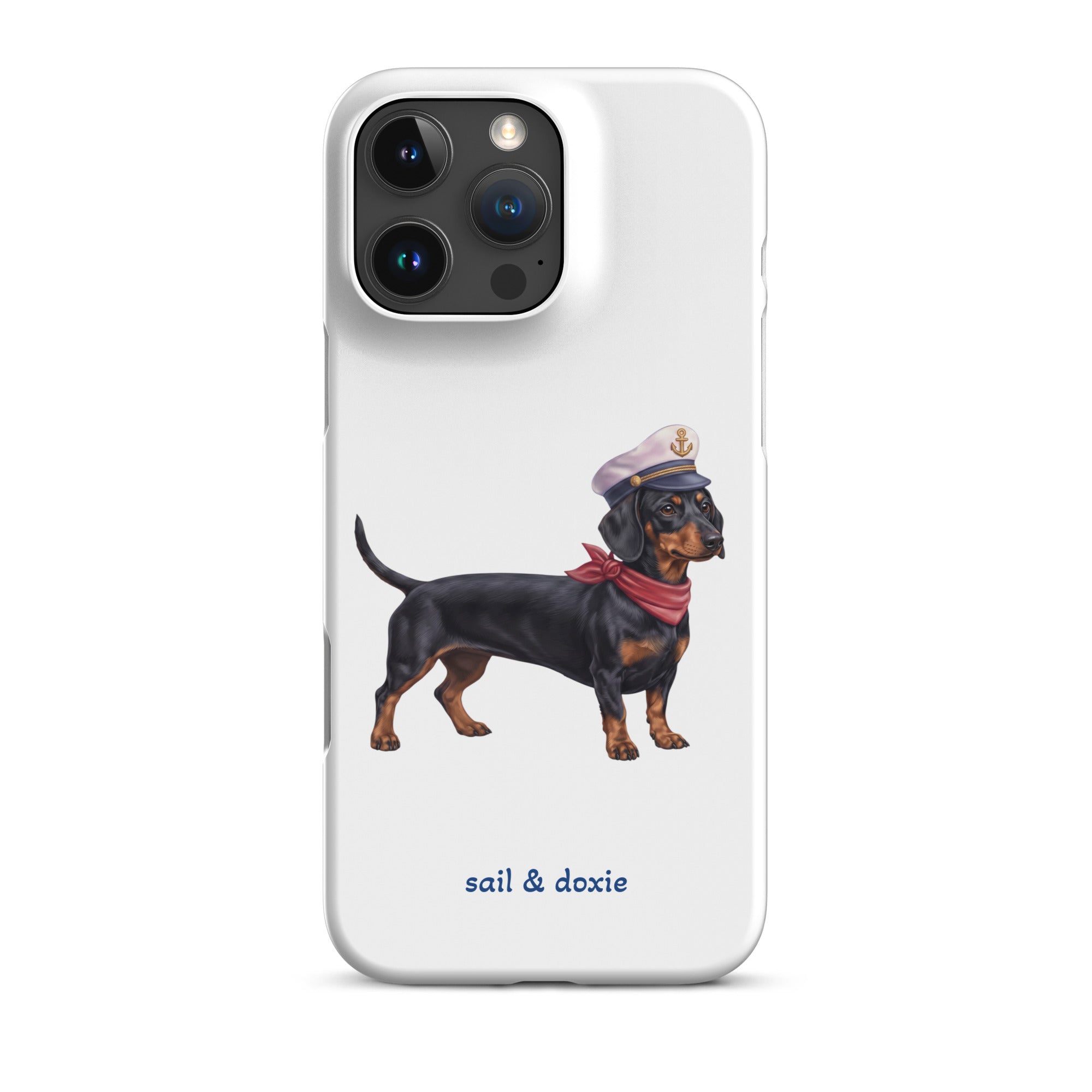 Sail & Doxie iPhone Case – Dachshund (black & tan) with captain's hat on a white background