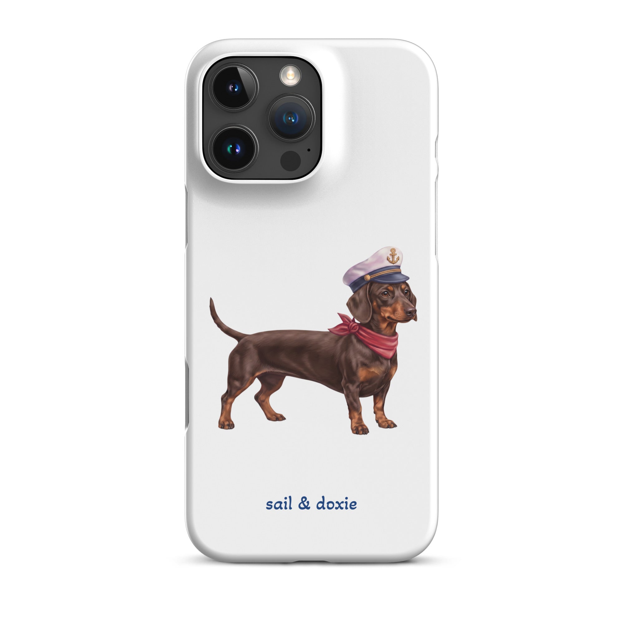 Sail & Doxie iPhone Case – Dachshund (chocolate) with captain's hat on a white background