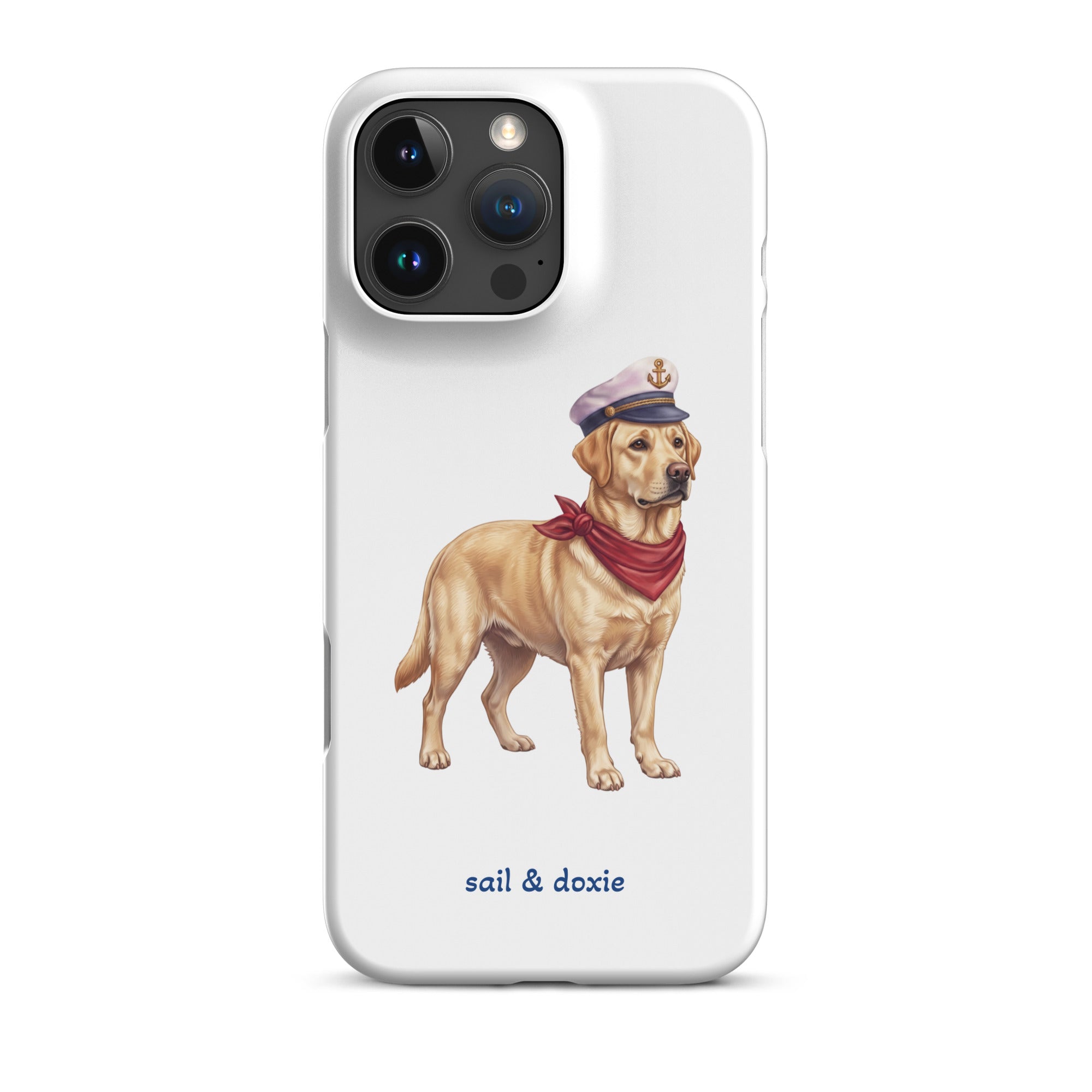 A white phone case featuring an illustration of a yellow Labrador dressed as a sailor with a captain's hat and red neck scarf, with the text 'sail & doxie' printed below.