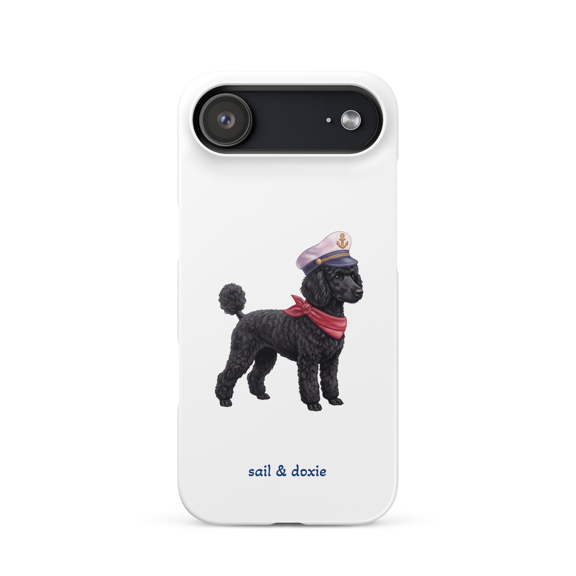 A white phone case featuring a printed illustration of a black poodle wearing a navy captain's hat and red scarf, with the text 'sail & doxie' printed below in blue. 