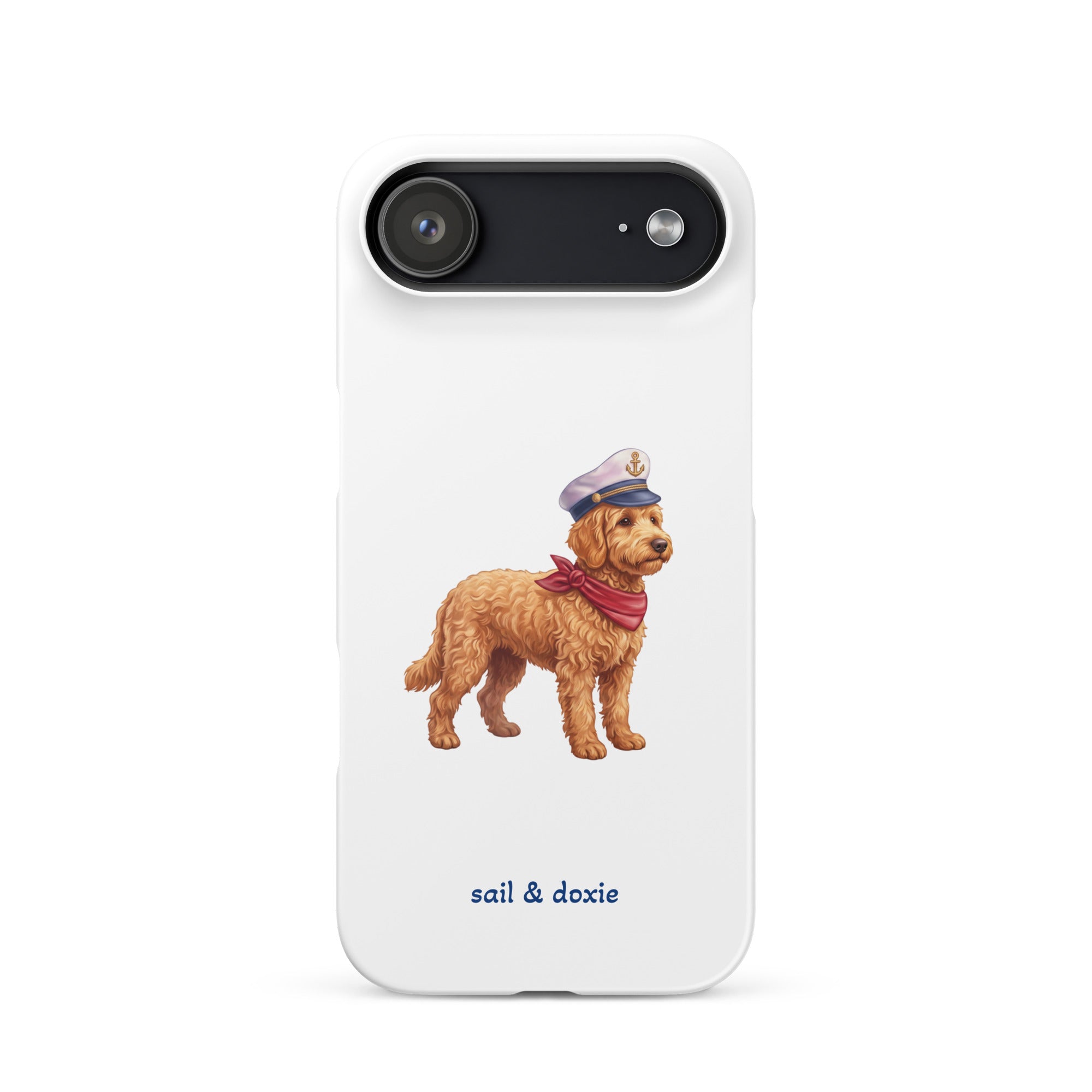 A white phone case featuring a printed illustration of a doodle dog wearing a captain's hat and red neck scarf, with the text 'sail & doxie' printed below in blue. The case is shown on a clean white background.