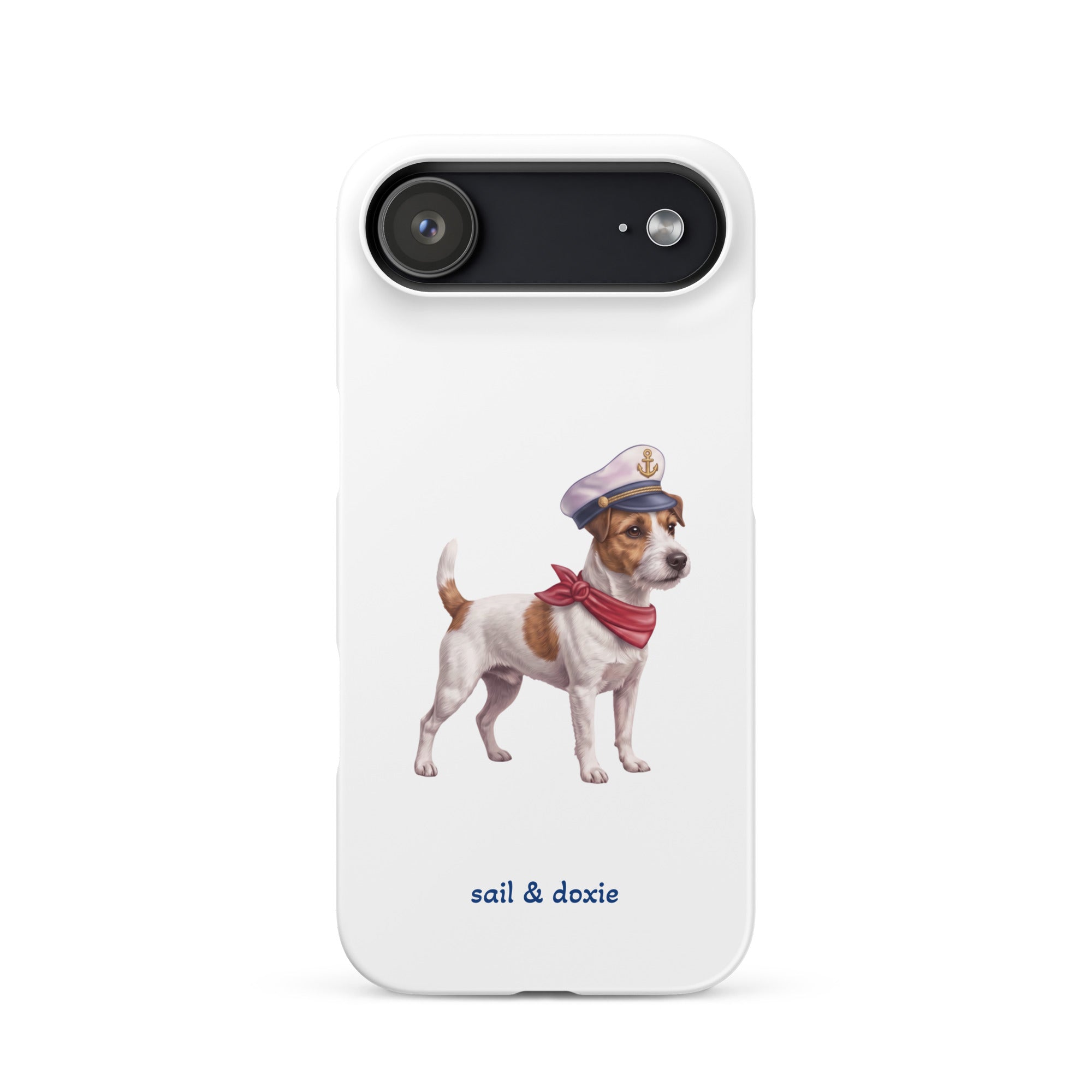 A white phone case featuring an illustration of a Jack Russell Terrier dressed as a sailor with a captain's hat and red neck scarf, with the text 'sail & doxie' printed below.