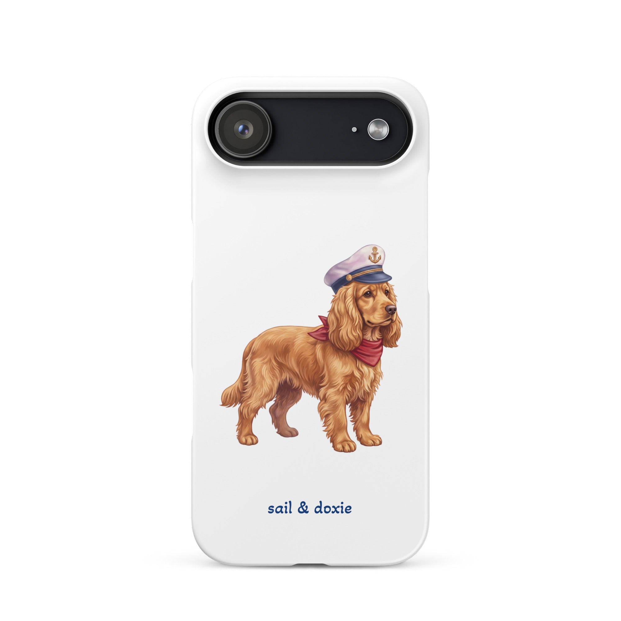 Sail & Doxie iPhone Case – Cocker Spaniel with captain's hat on a white background