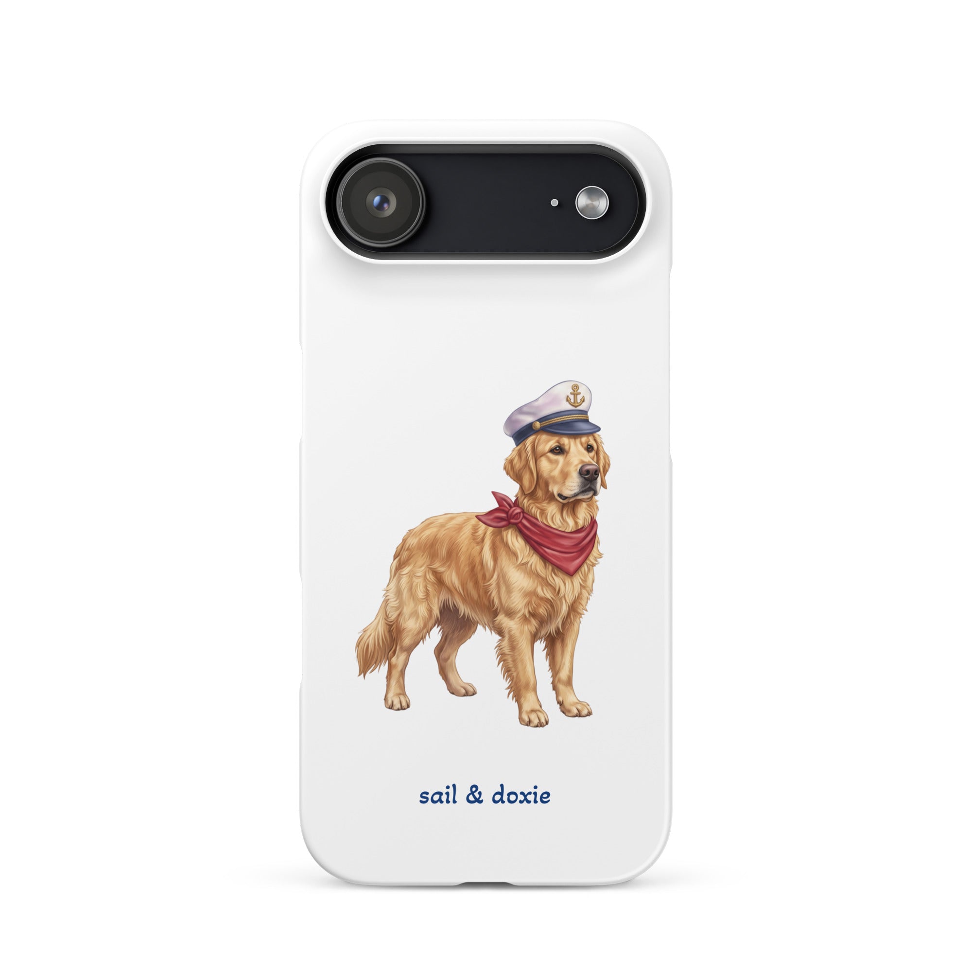 A white phone case featuring an illustration of a golden retriever dog dressed as a sailor in a white hat and red bandana, with the text 'sail & doxie' printed below. The case is shown on a clean white background.
