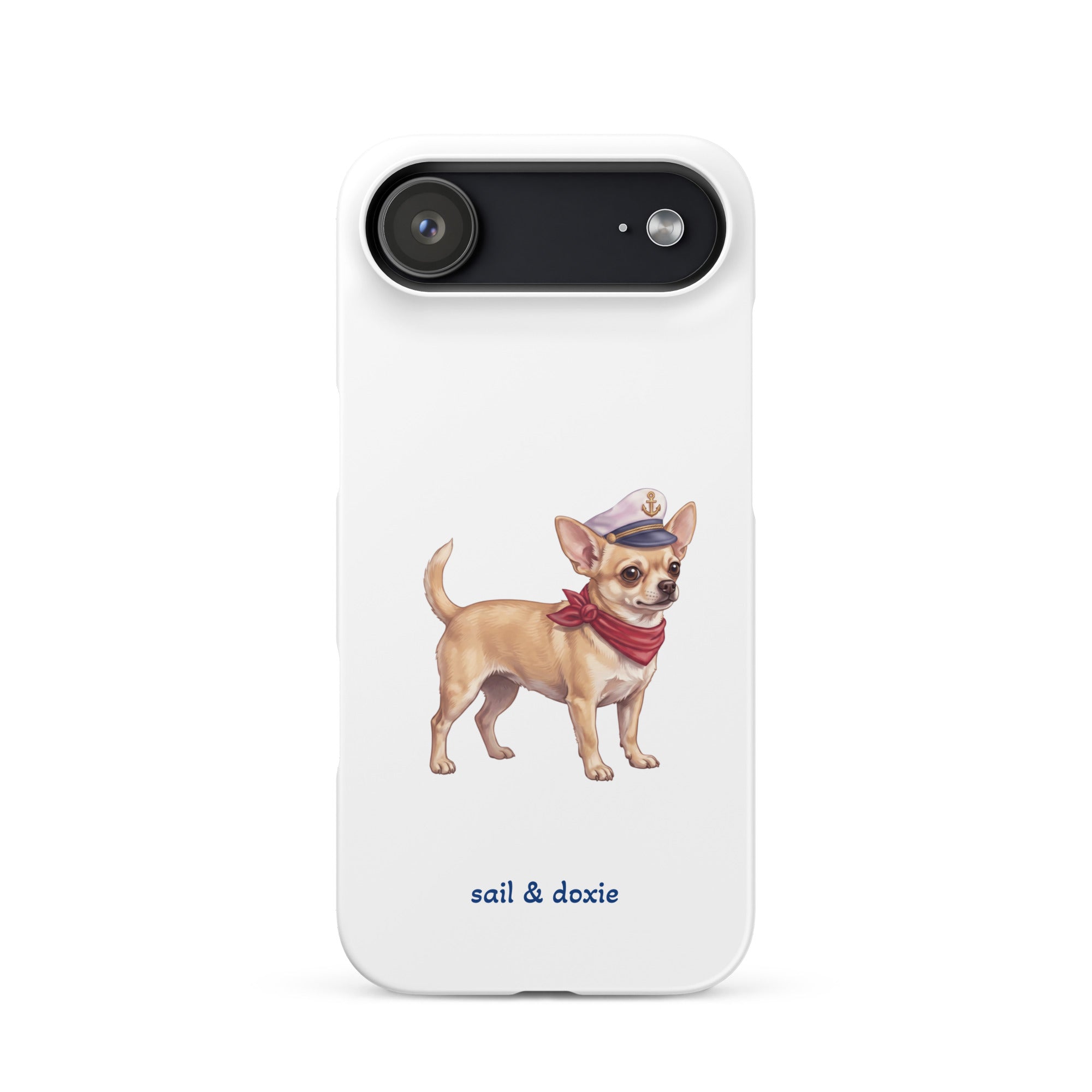 Sail & Doxie iPhone Case with a Chihuahua  Captain on a white background.