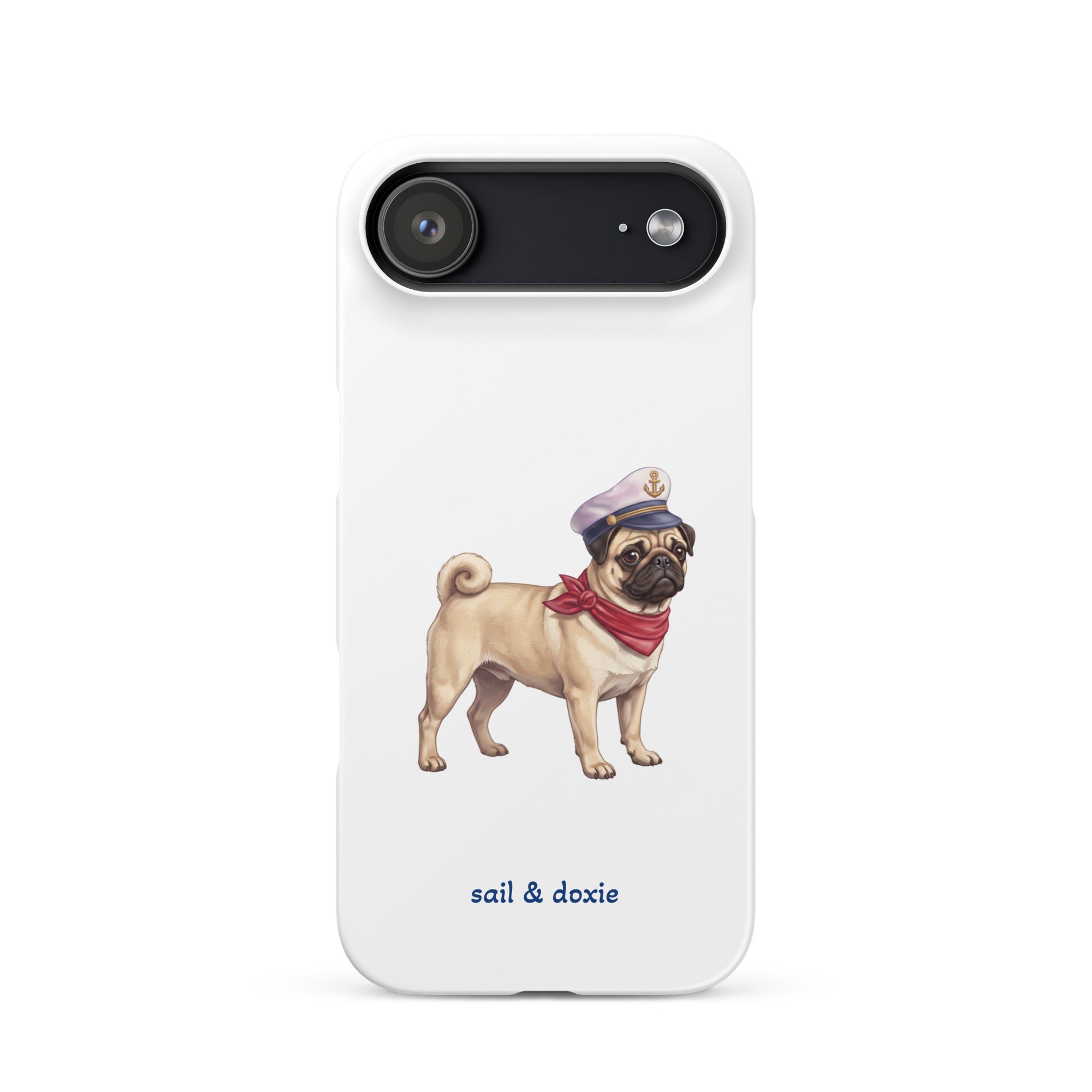 A white phone case featuring an illustration of a pug wearing a navy captain's hat and red neck scarf, with the text 'sail & doxie' printed below in blue. 