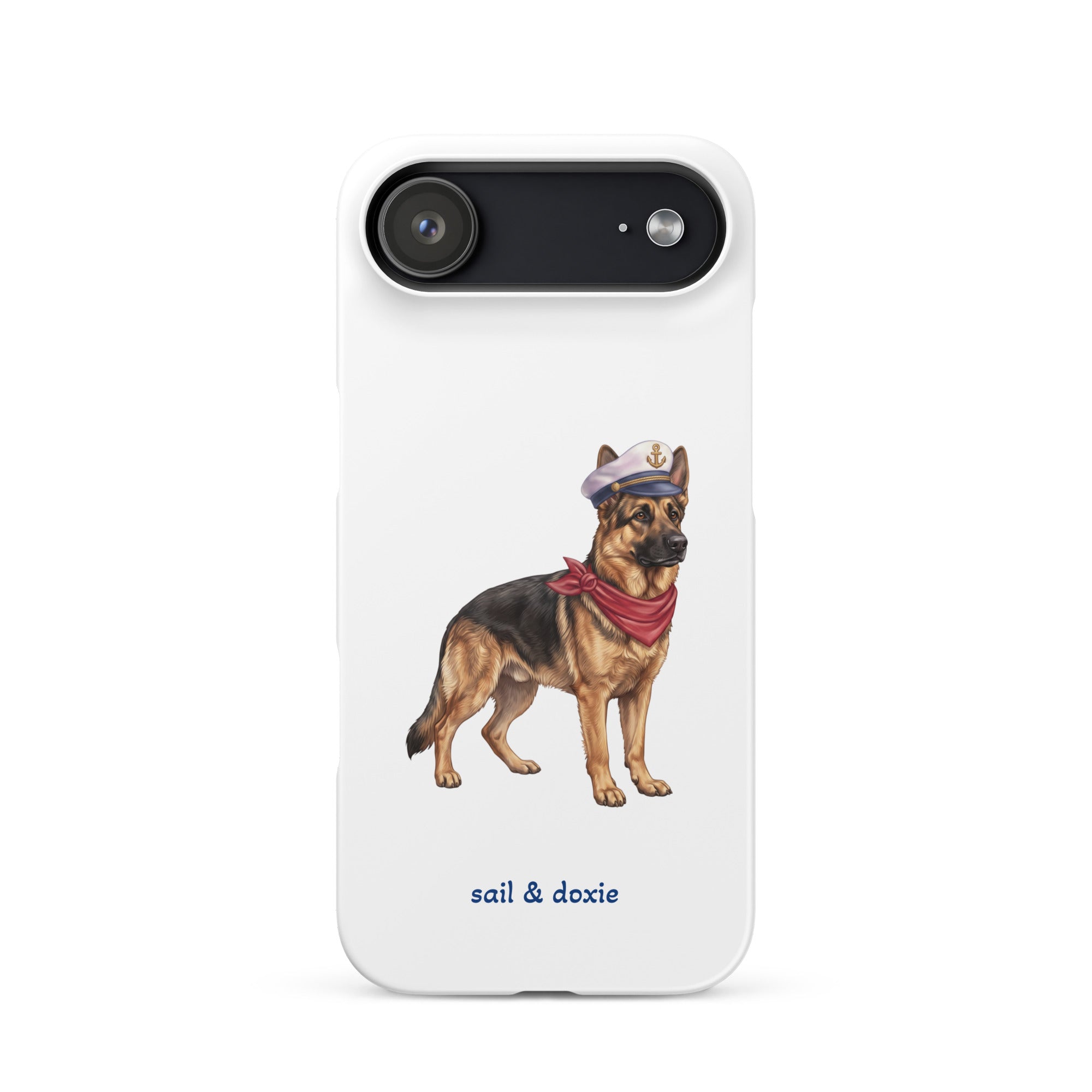 A white phone case featuring an illustration of a german shepherd wearing a captain's hat and red neckerchief, with the text 'sail & doxie' printed below. The case has a black camera cutout area and is shown on a plain white background.