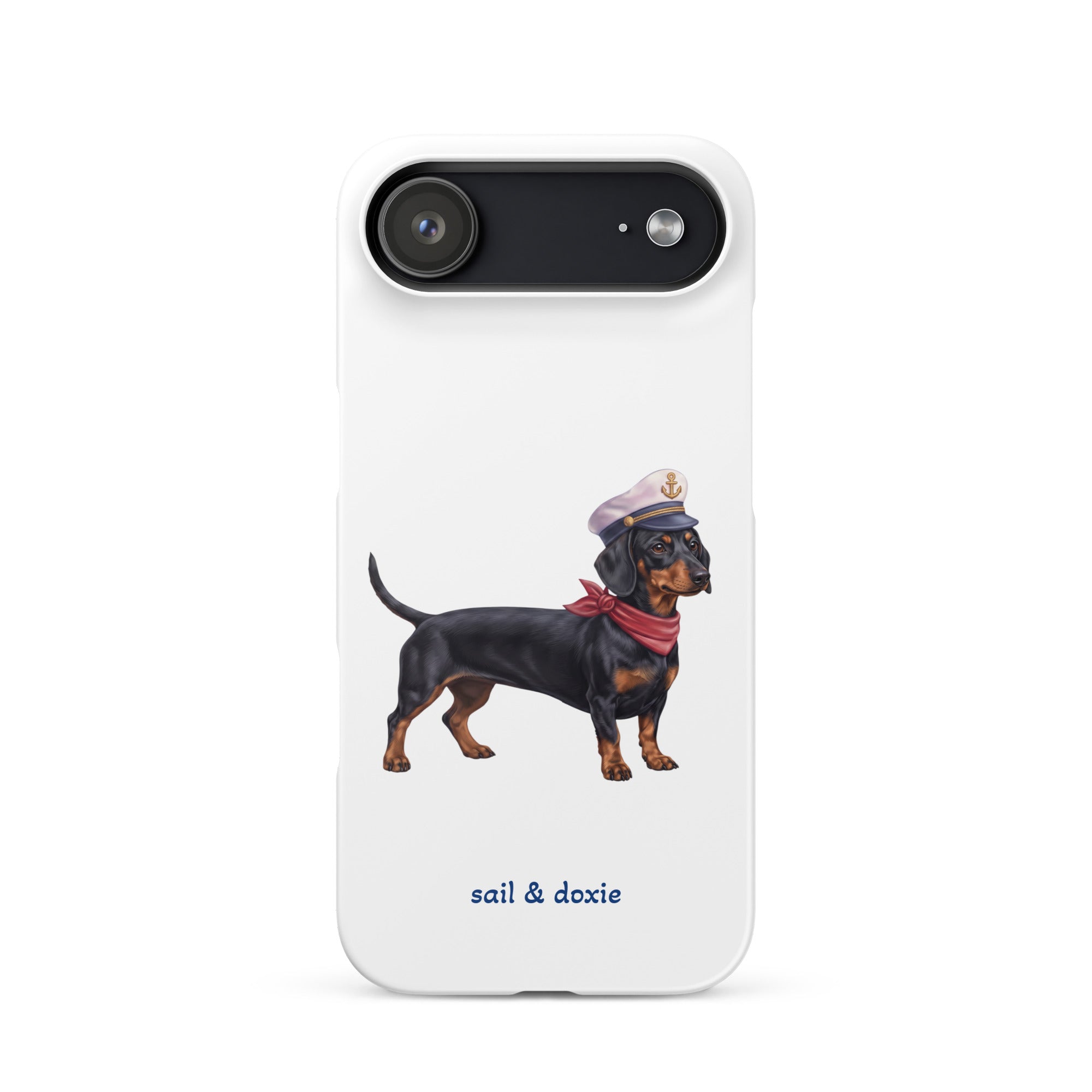 Sail & Doxie iPhone Case – Dachshund (black & tan) with captain's hat on a white background