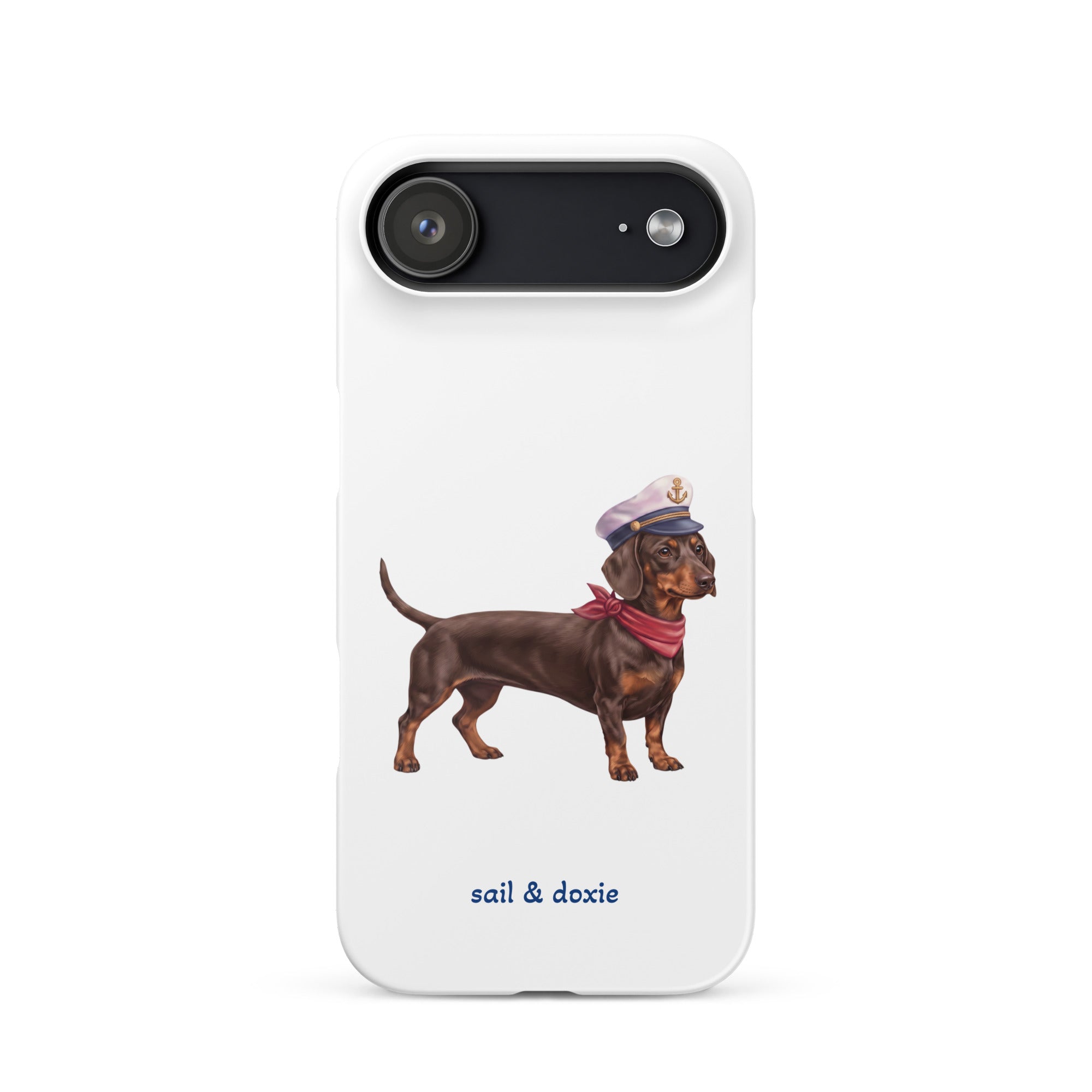 Sail & Doxie iPhone Case – Dachshund (chocolate) with captain's hat on a white background