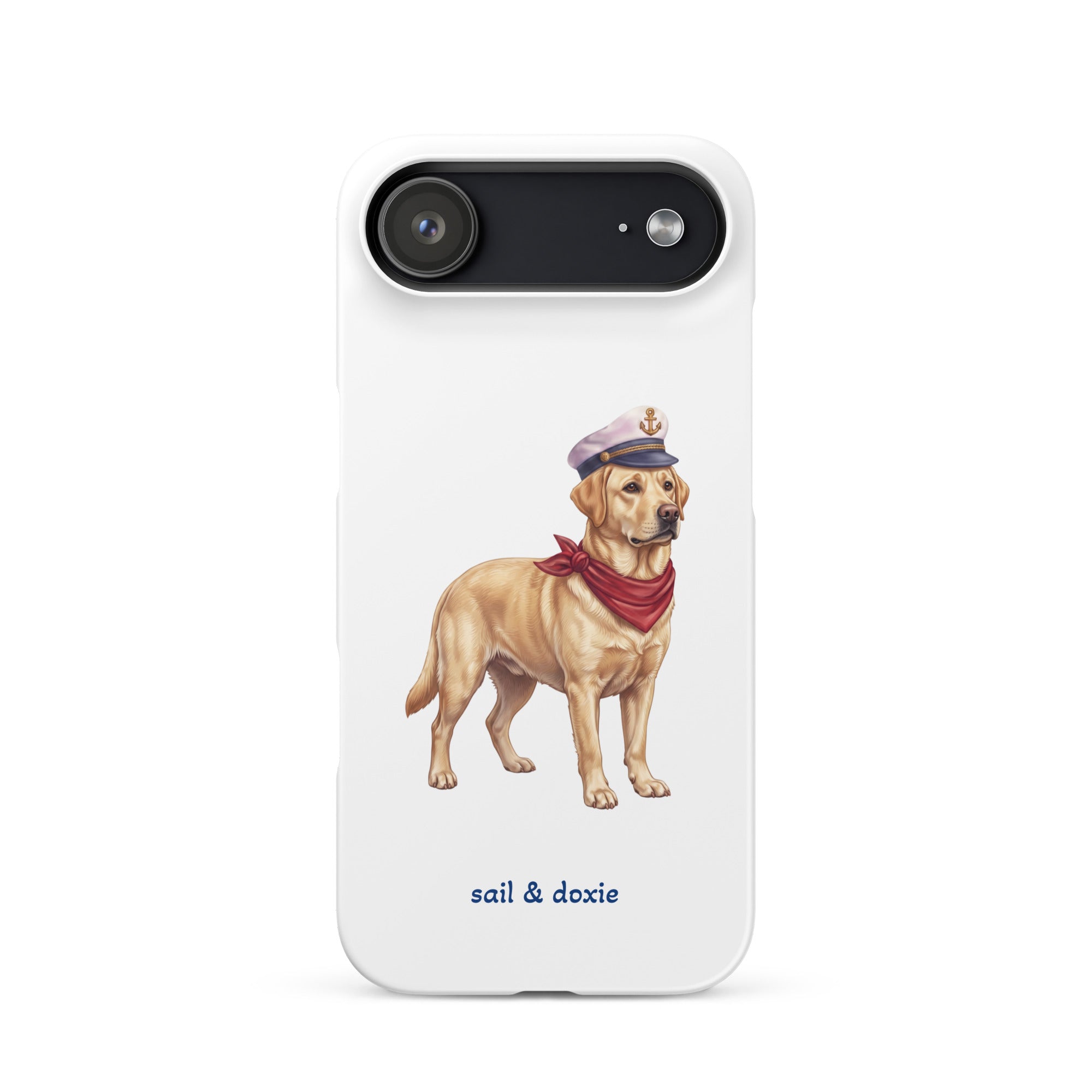 A white phone case featuring an illustration of a yellow Labrador dressed as a sailor with a captain's hat and red neck scarf, with the text 'sail & doxie' printed below.