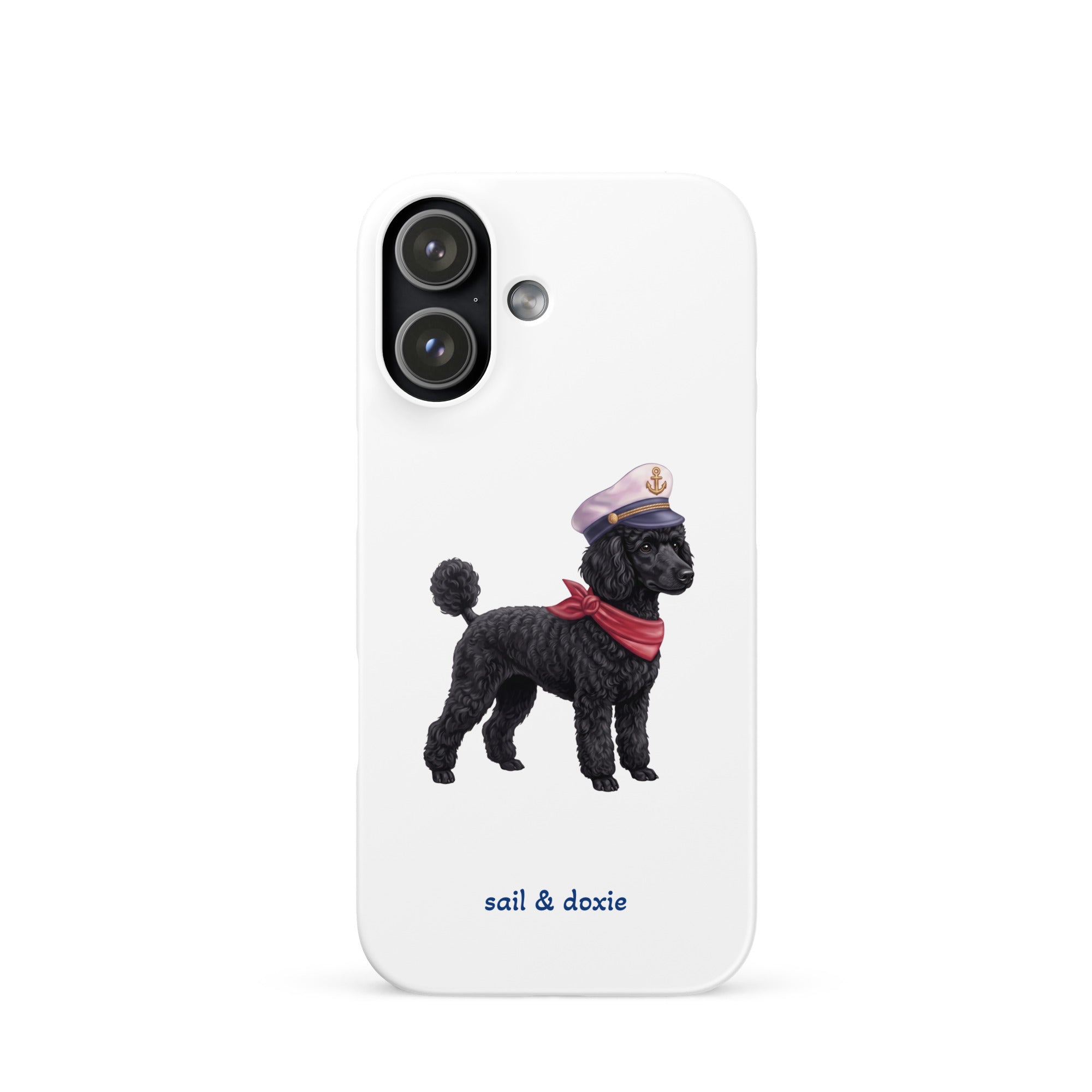 A white phone case featuring a printed illustration of a black poodle wearing a navy captain's hat and red scarf, with the text 'sail & doxie' printed below in blue. 
