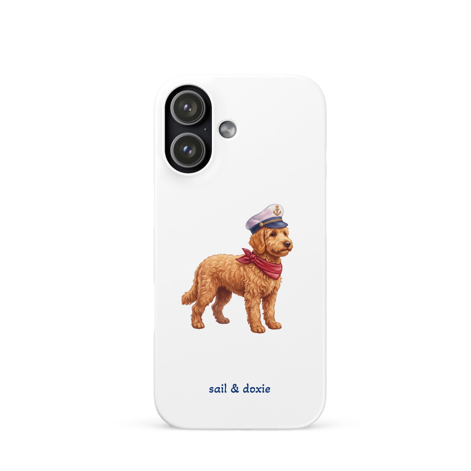 A white phone case featuring a printed illustration of a doodle dog wearing a captain's hat and red neck scarf, with the text 'sail & doxie' printed below in blue. The case is shown on a clean white background.