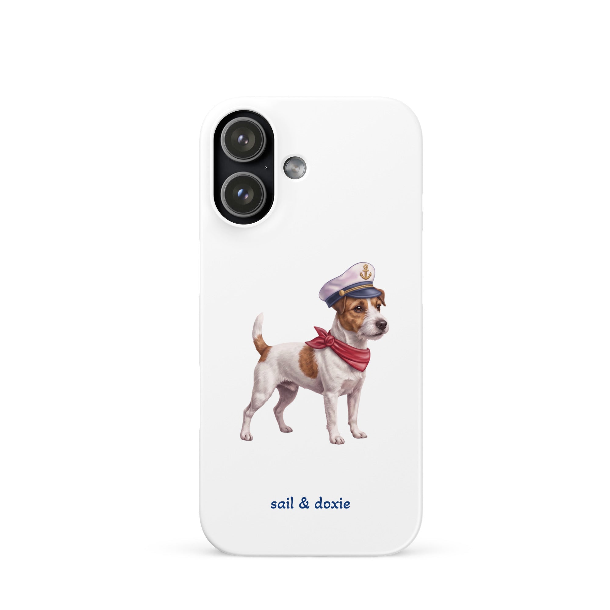 A white phone case featuring an illustration of a Jack Russell Terrier dressed as a sailor with a captain's hat and red neck scarf, with the text 'sail & doxie' printed below.