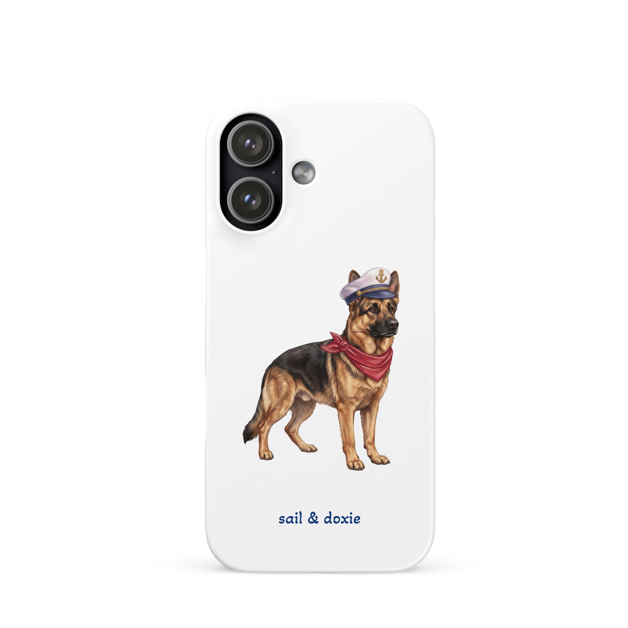 A white phone case featuring an illustration of a german shepherd wearing a captain's hat and red neckerchief, with the text 'sail & doxie' printed below. The case has a black camera cutout area and is shown on a plain white background.