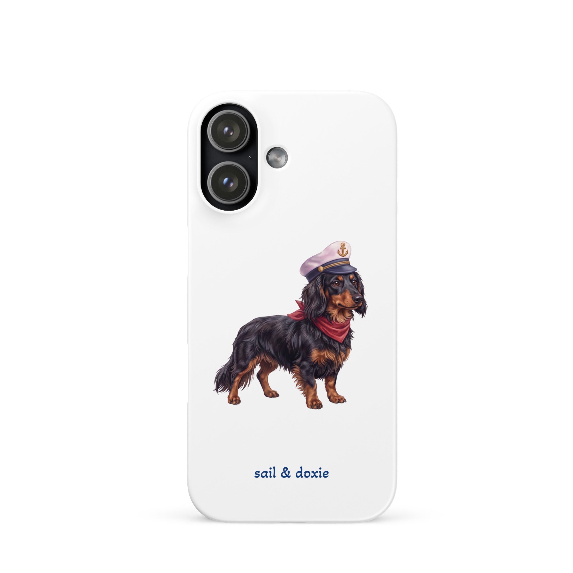 A white phone case featuring an illustration of a black and tan dachshund wearing a captain's hat and red neckerchief, with the text 'sail & doxie' printed below in blue. The case is shown on a clean white background.