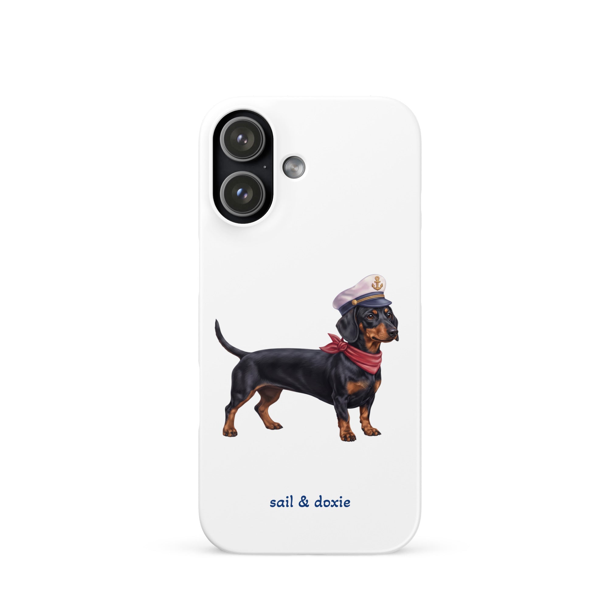 Sail & Doxie iPhone Case – Dachshund (black & tan) with captain's hat on a white background