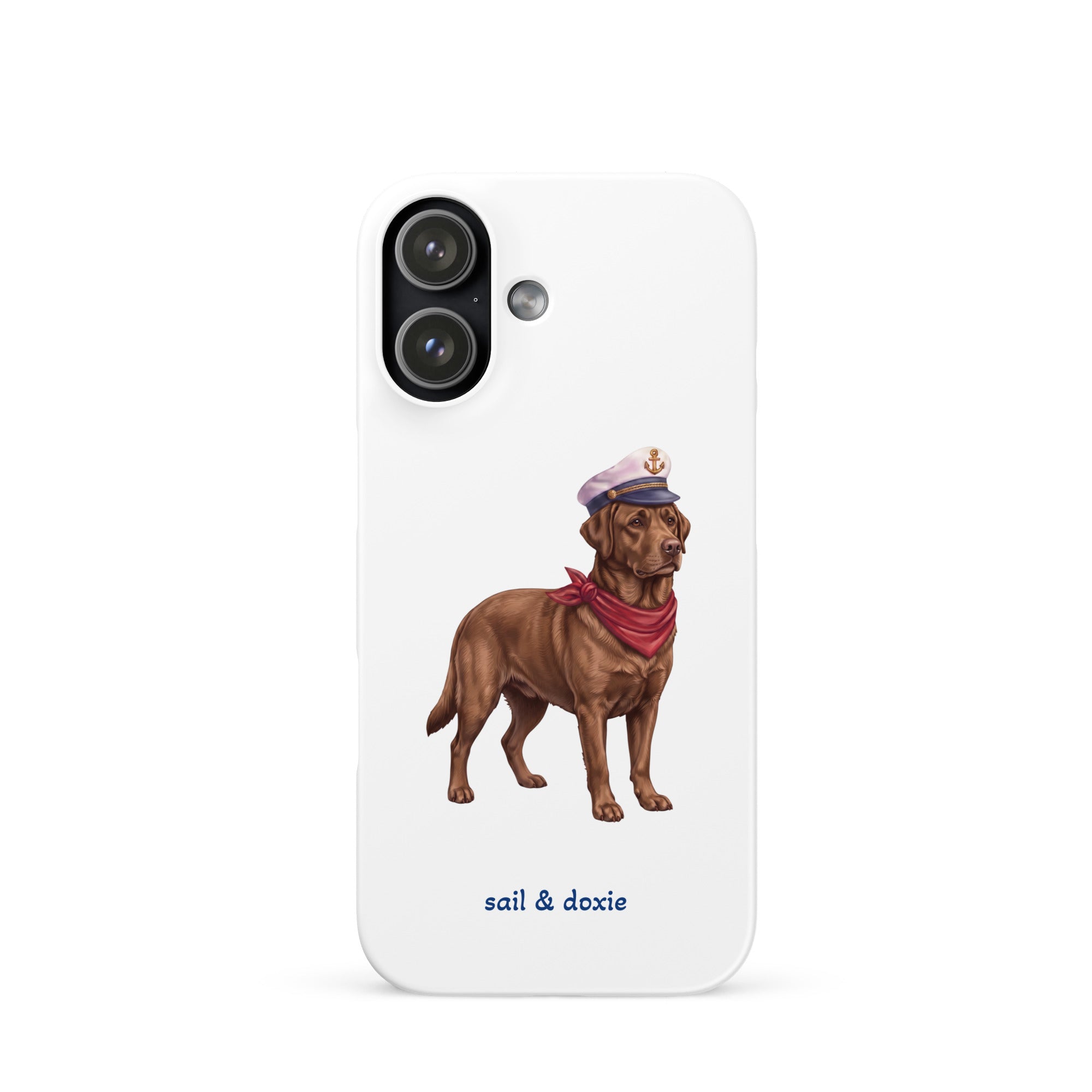 A white phone case featuring an illustration of a brown Labrador dressed as a sailor with a captain's hat and red neck scarf, with the text 'sail & doxie' printed below.