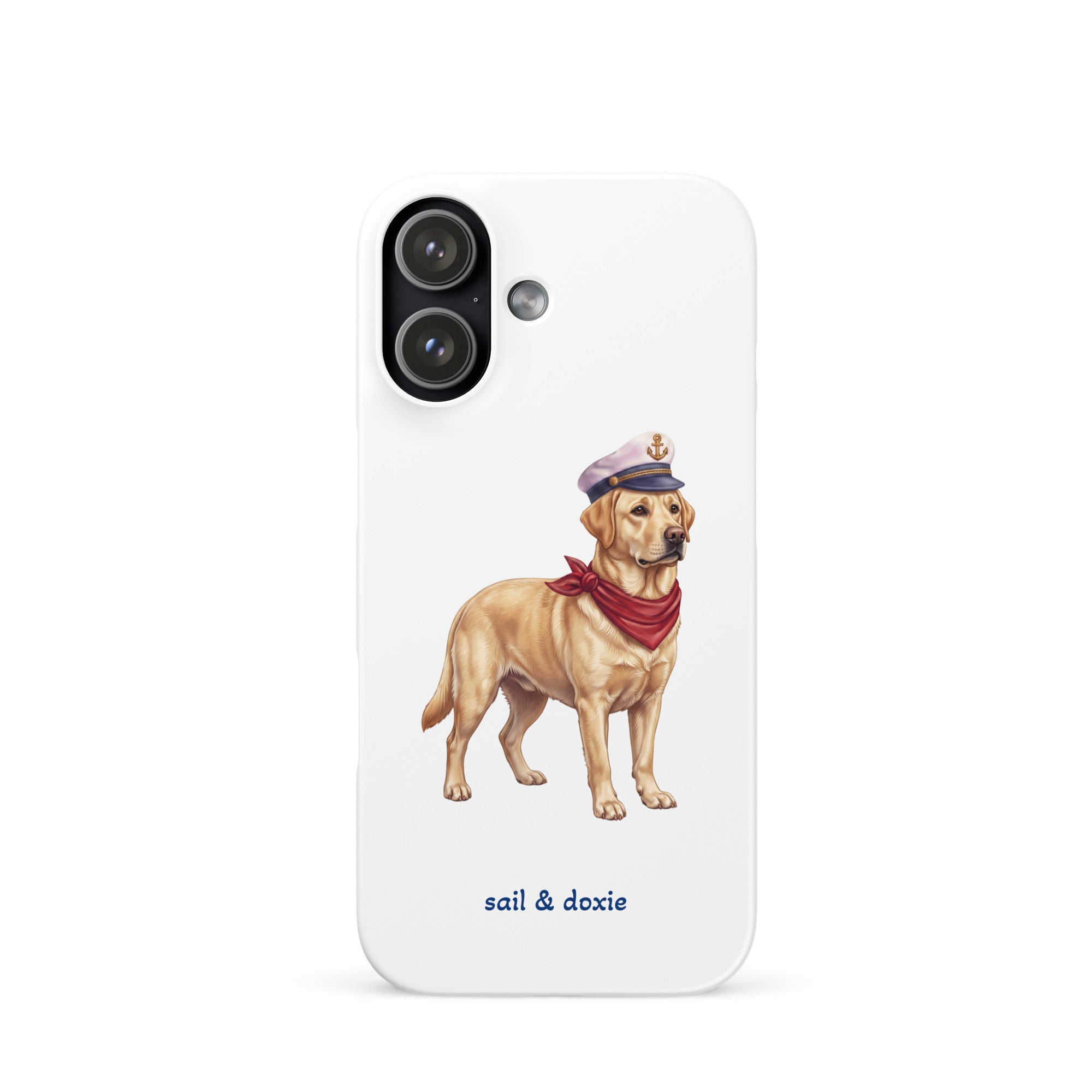 A white phone case featuring an illustration of a yellow Labrador dressed as a sailor with a captain's hat and red neck scarf, with the text 'sail & doxie' printed below.