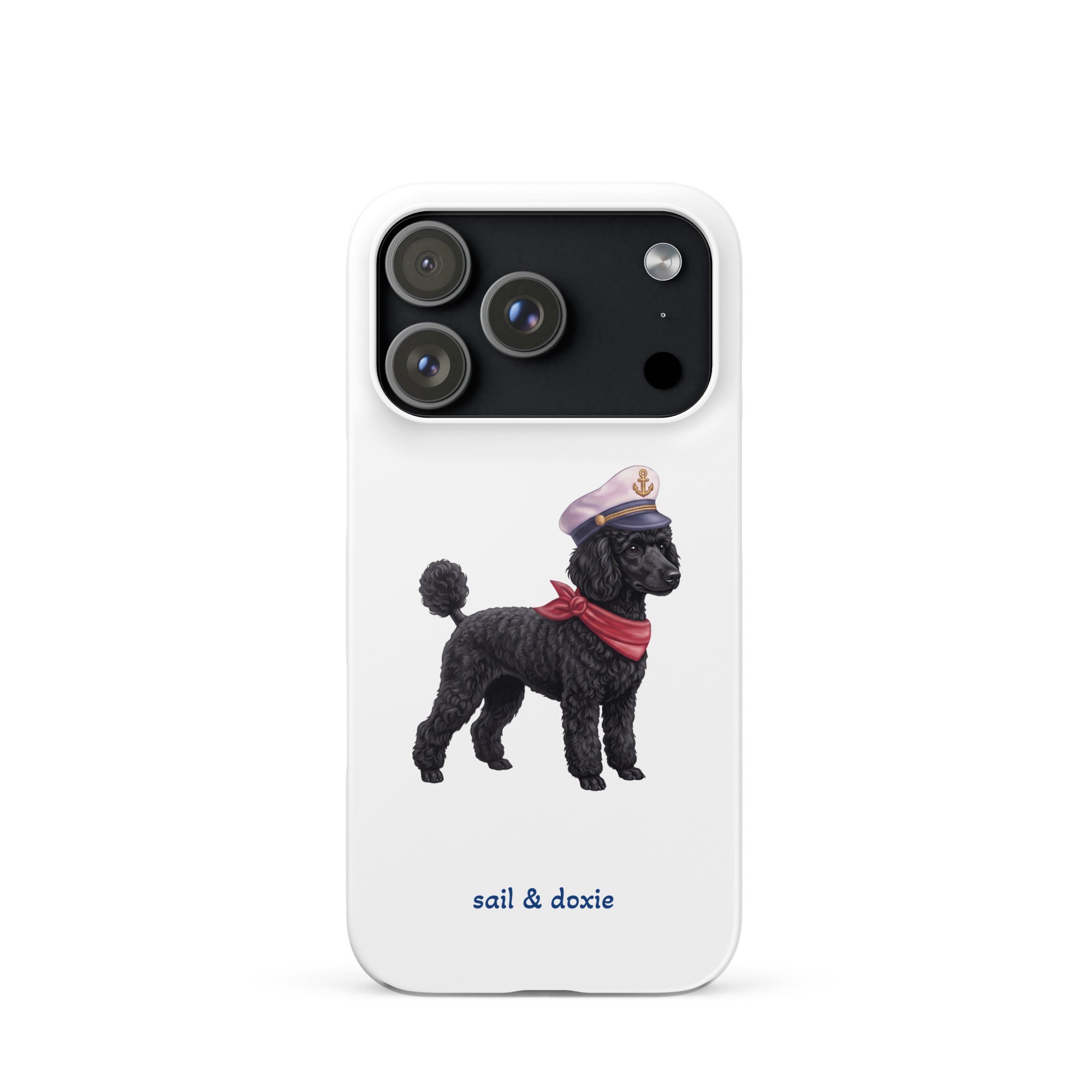 A white phone case featuring a printed illustration of a black poodle wearing a navy captain's hat and red scarf, with the text 'sail & doxie' printed below in blue. 