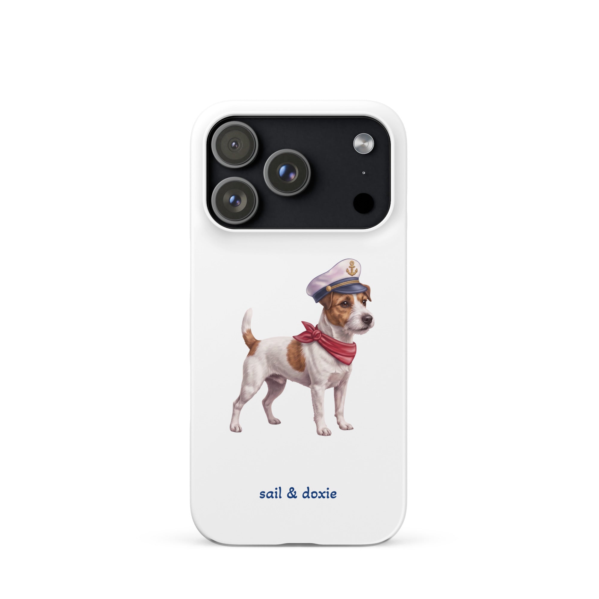 A white phone case featuring an illustration of a Jack Russell Terrier dressed as a sailor with a captain's hat and red neck scarf, with the text 'sail & doxie' printed below.