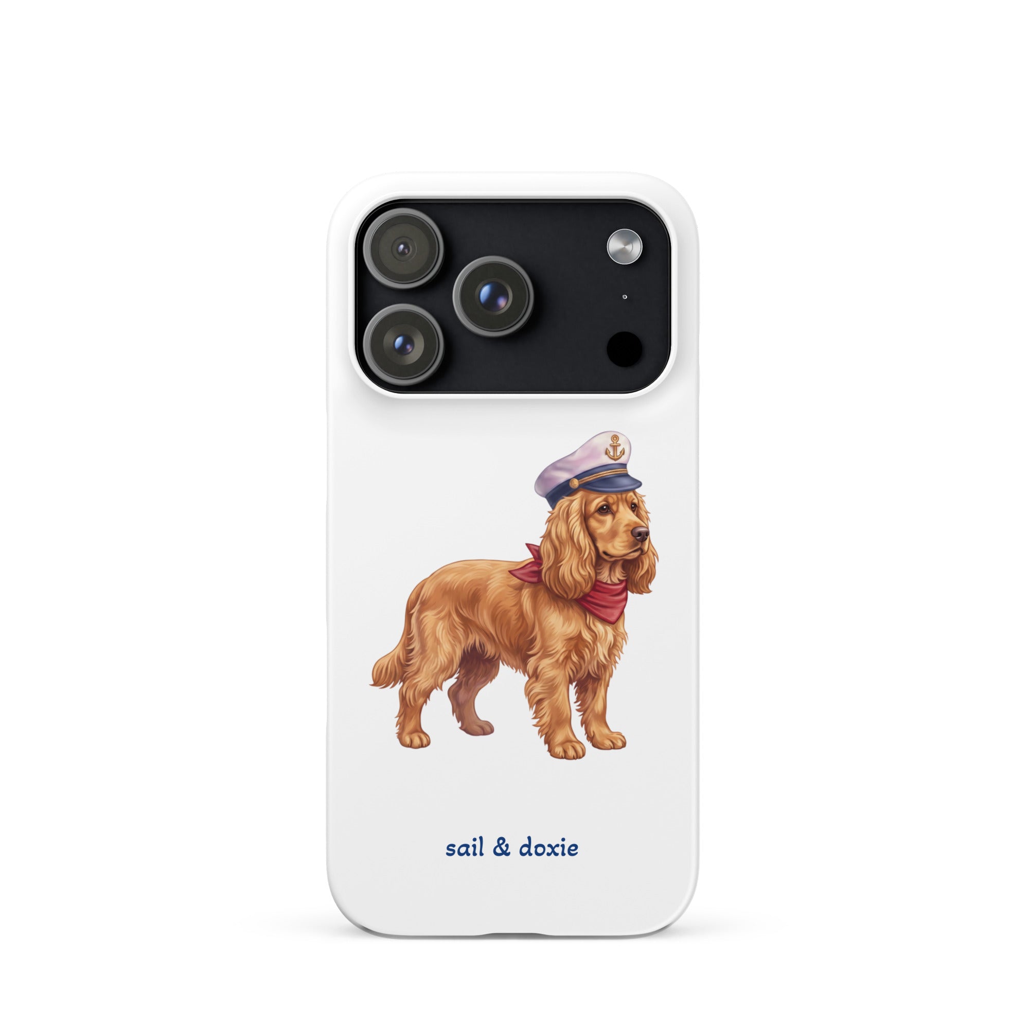 Sail & Doxie iPhone Case – Cocker Spaniel with captain's hat on a white background