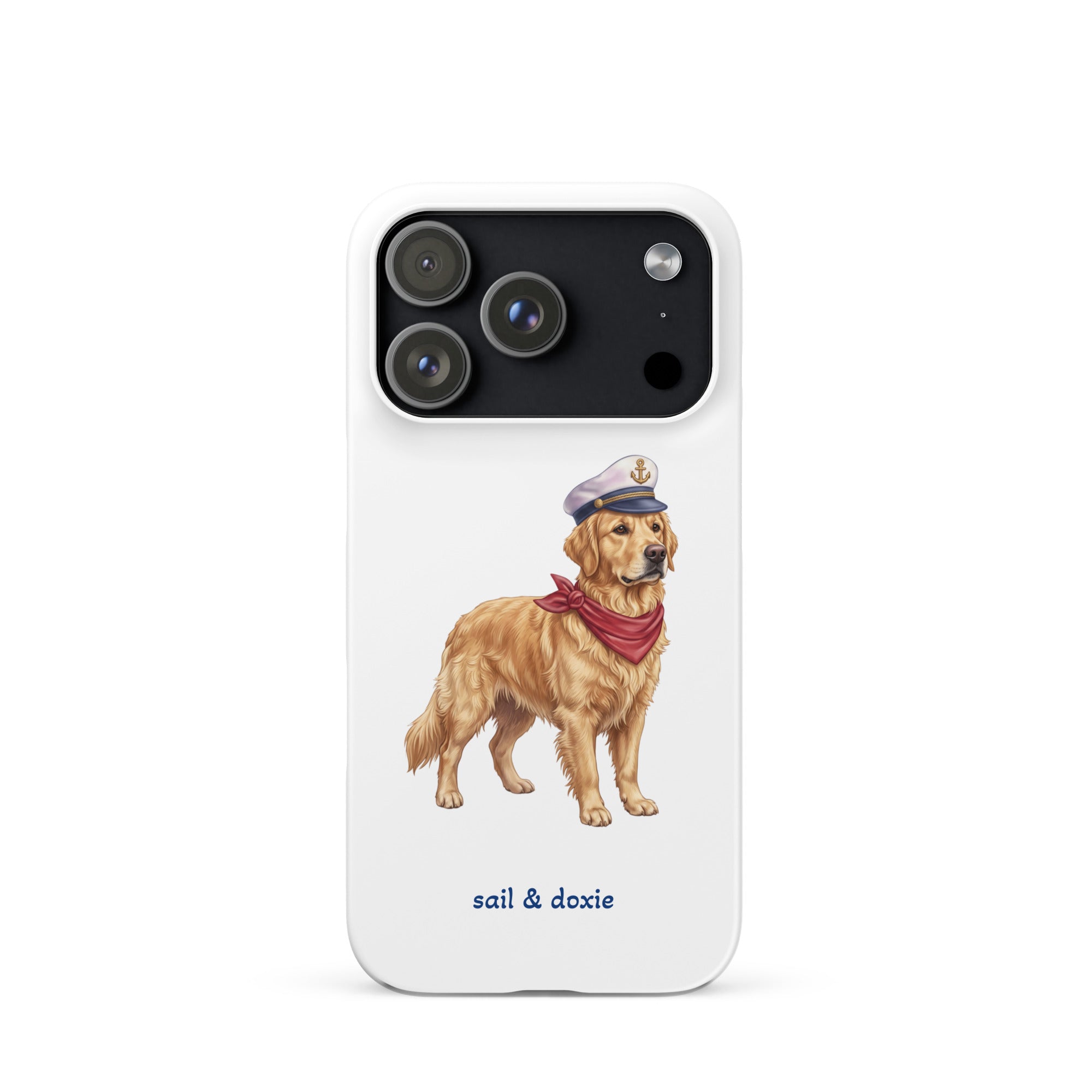 A white phone case featuring an illustration of a golden retriever dog dressed as a sailor in a white hat and red bandana, with the text 'sail & doxie' printed below. The case is shown on a clean white background.
