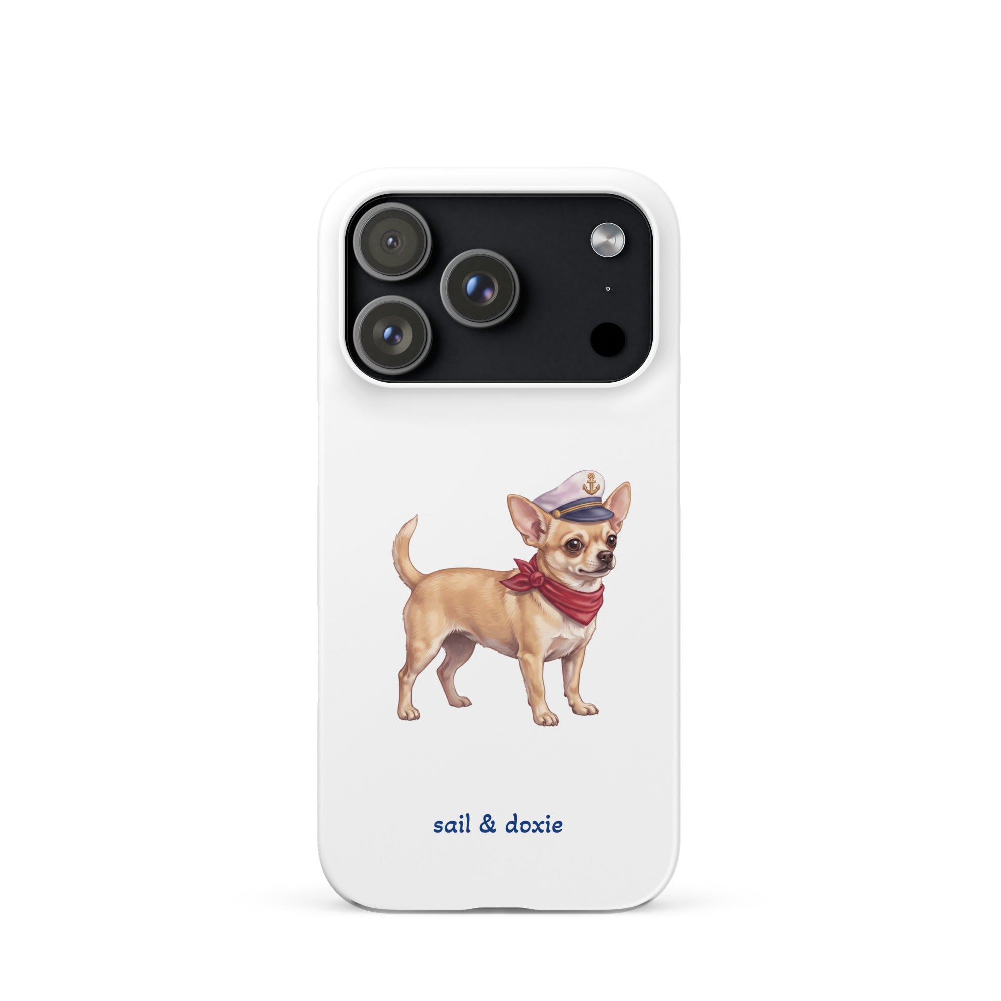Sail & Doxie iPhone Case with a Chihuahua  Captain on a white background.