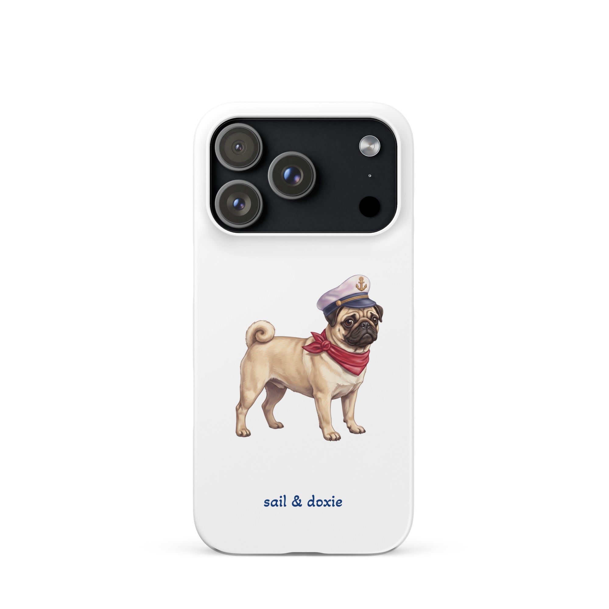 A white phone case featuring an illustration of a pug wearing a navy captain's hat and red neck scarf, with the text 'sail & doxie' printed below in blue. 