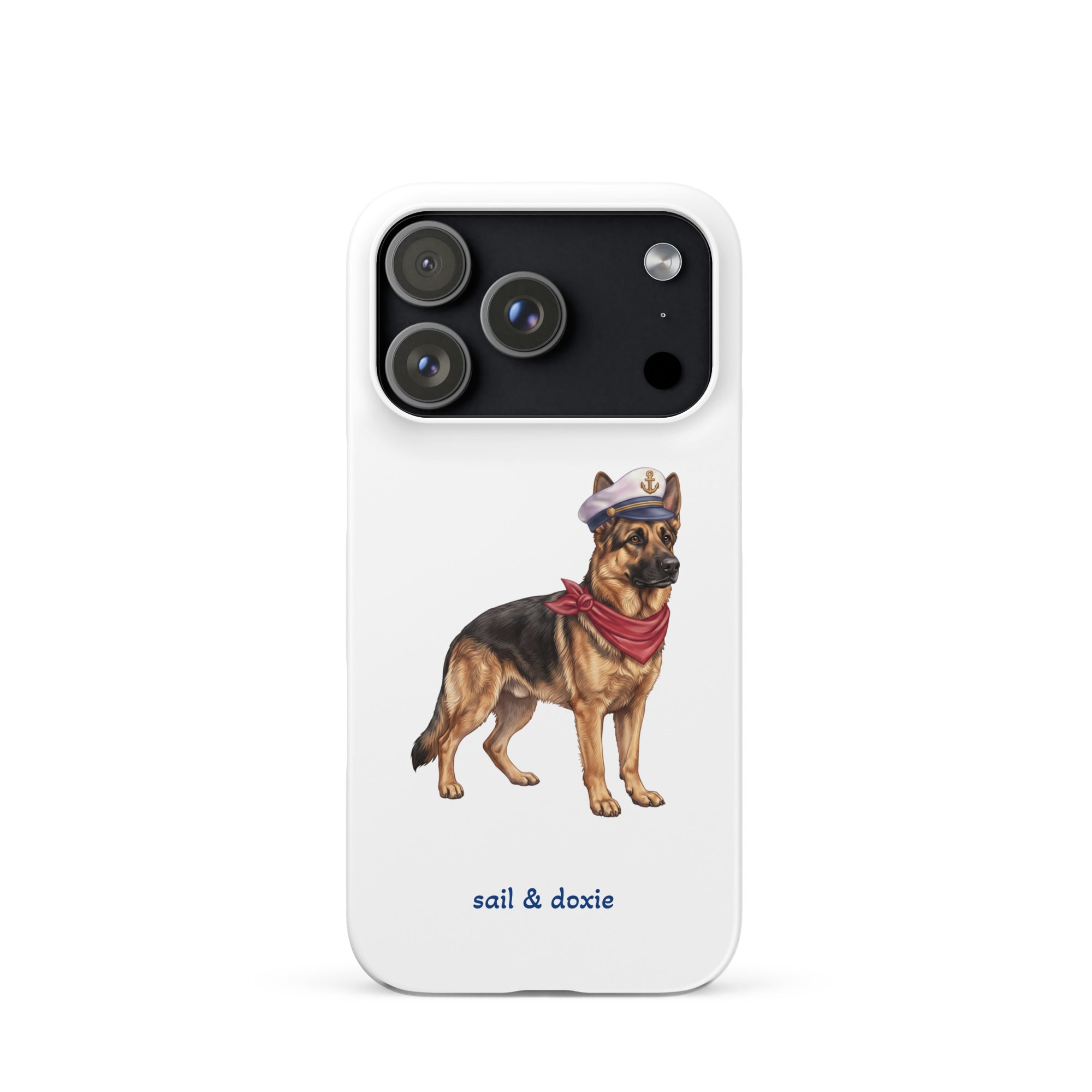 A white phone case featuring an illustration of a german shepherd wearing a captain's hat and red neckerchief, with the text 'sail & doxie' printed below. The case has a black camera cutout area and is shown on a plain white background.