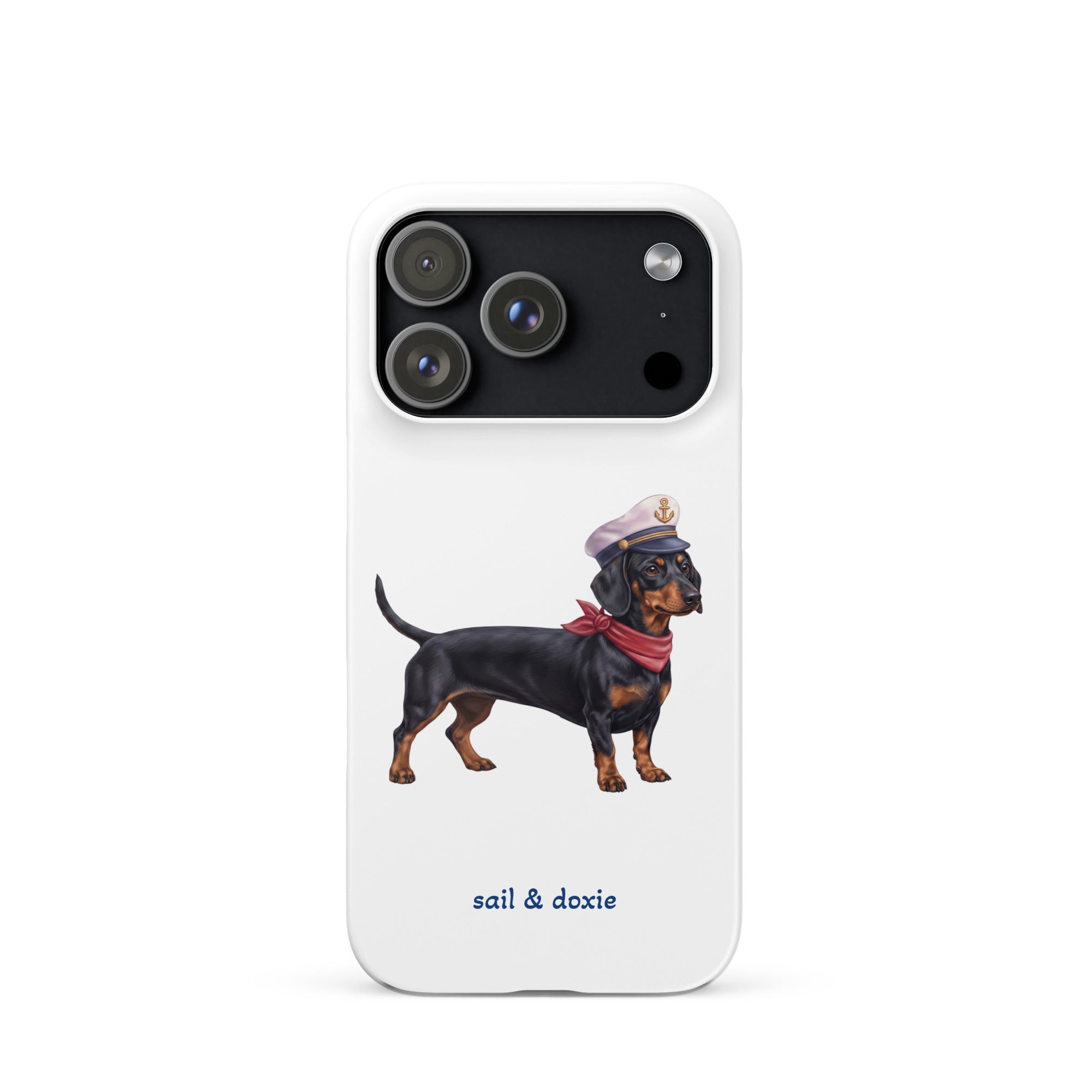 Sail & Doxie iPhone Case – Dachshund (black & tan) with captain's hat on a white background