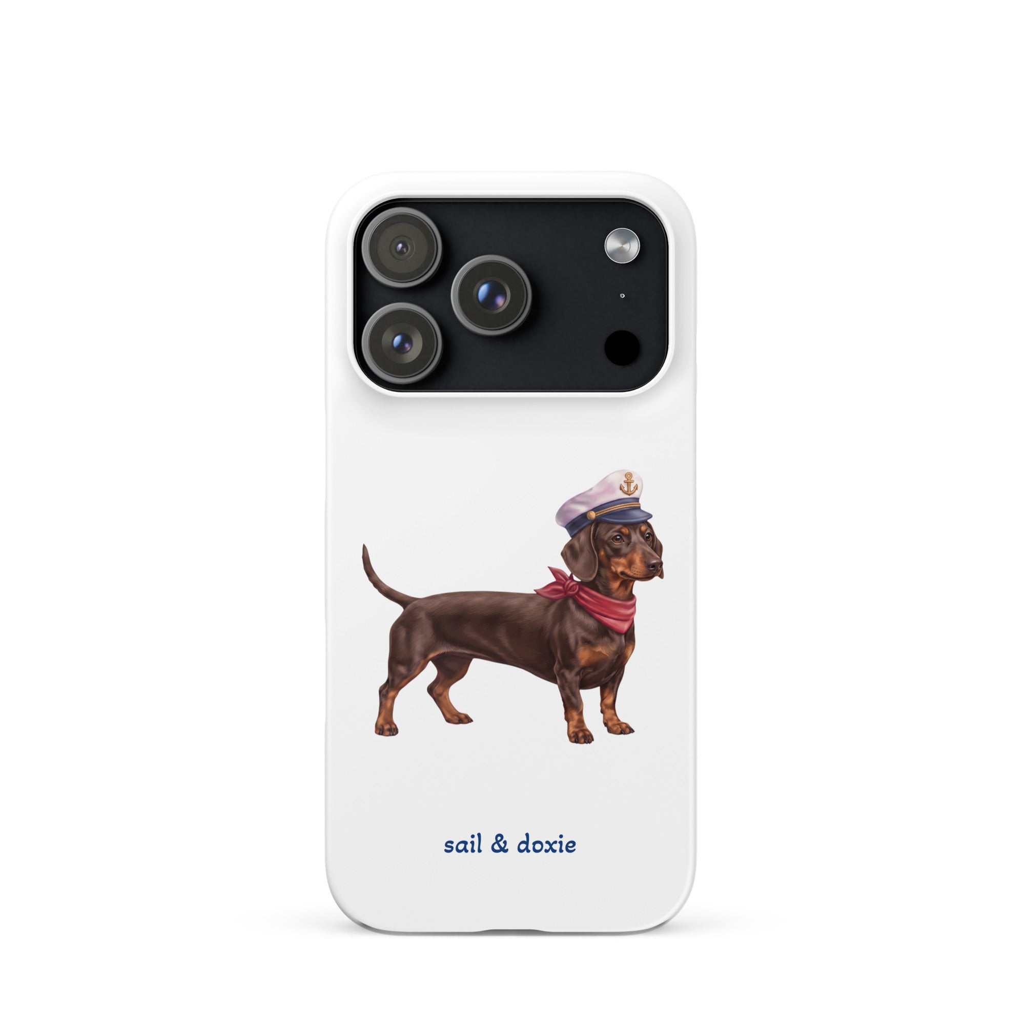 Sail & Doxie iPhone Case – Dachshund (chocolate) with captain's hat on a white background