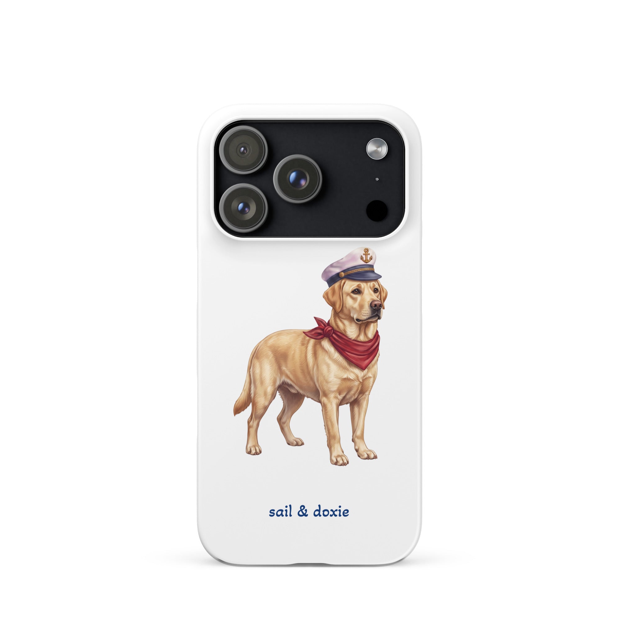 A white phone case featuring an illustration of a yellow Labrador dressed as a sailor with a captain's hat and red neck scarf, with the text 'sail & doxie' printed below.