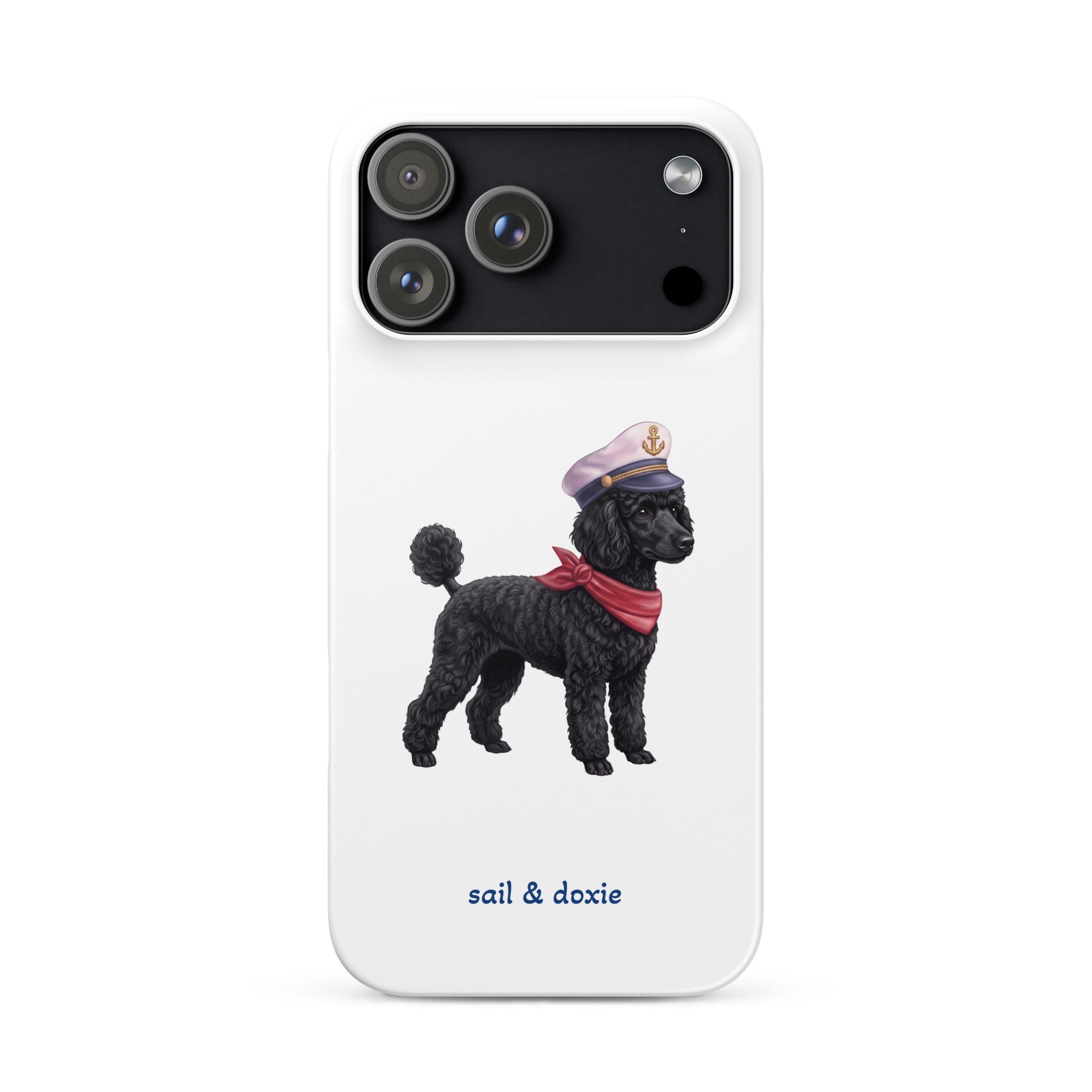 A white phone case featuring a printed illustration of a black poodle wearing a navy captain's hat and red scarf, with the text 'sail & doxie' printed below in blue. The case is shown on a clean white background.