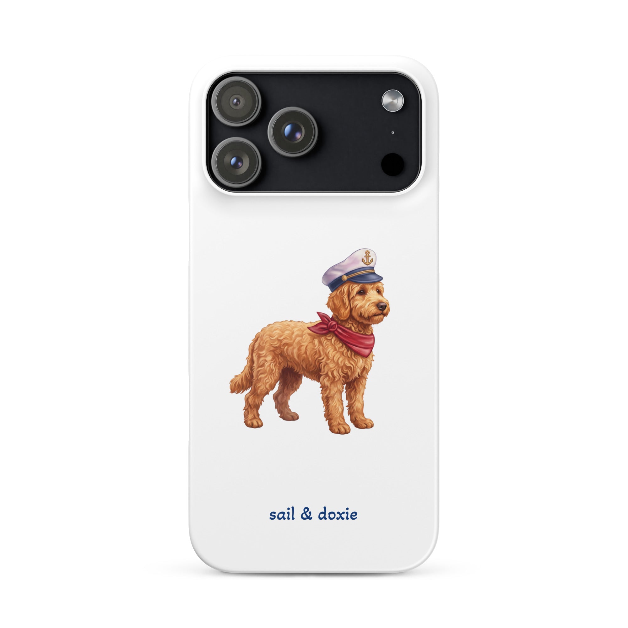 A white phone case featuring a printed illustration of a doodle dog wearing a captain's hat and red neck scarf, with the text 'sail & doxie' printed below in blue. The case is shown on a clean white background.