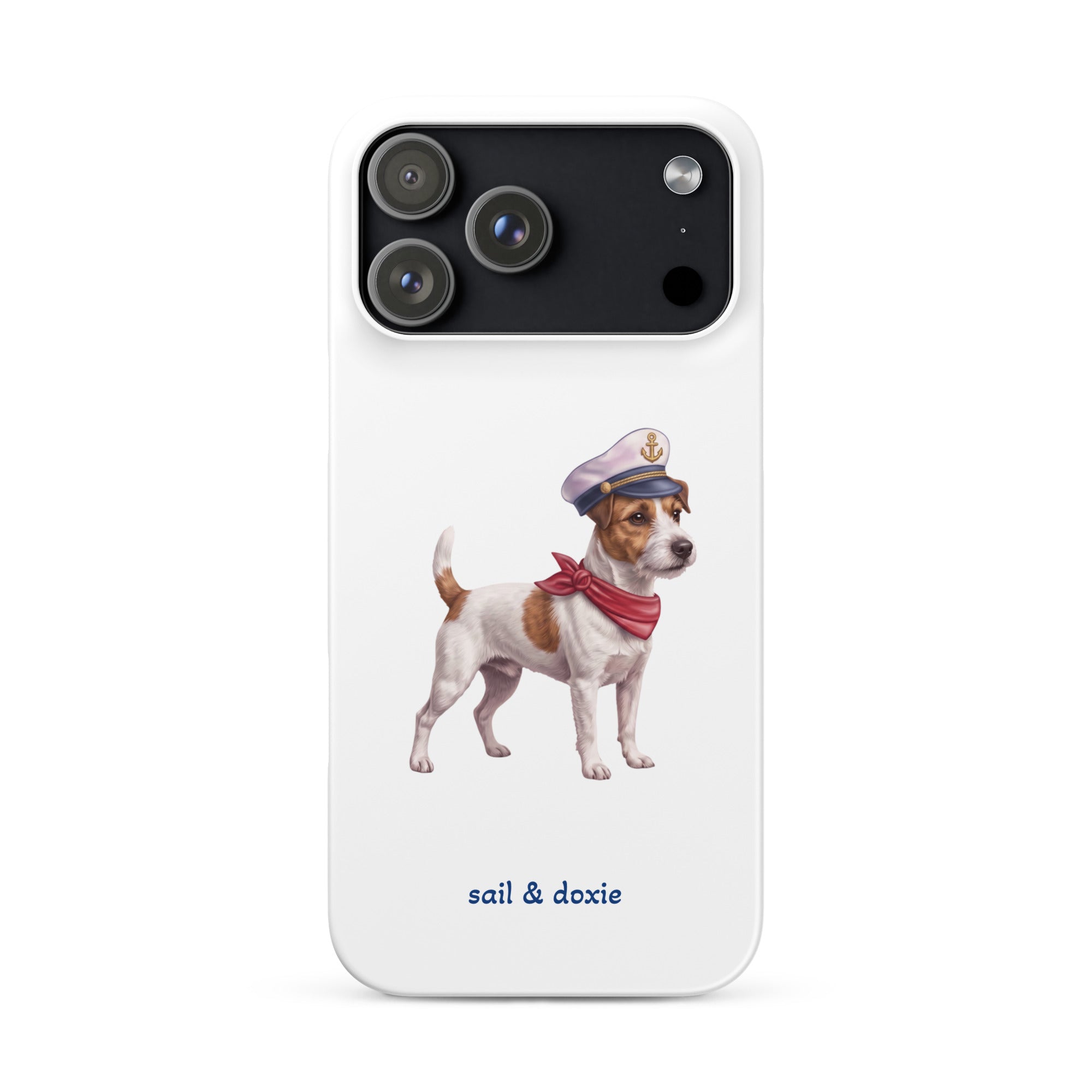 A white phone case featuring a watercolor illustration of a Jack Russell Terrier dressed as a sailor with a captain's hat and red neck scarf, with the text 'sail & doxie' printed below.