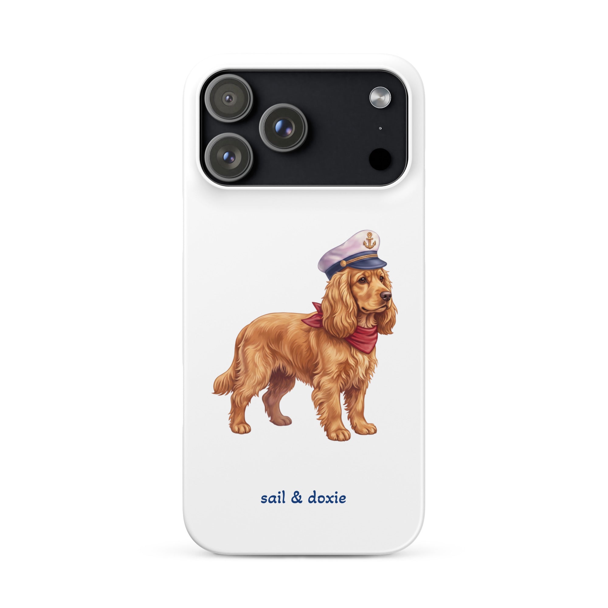 Sail & Doxie iPhone Case – Cocker Spaniel with captain's hat on a white background