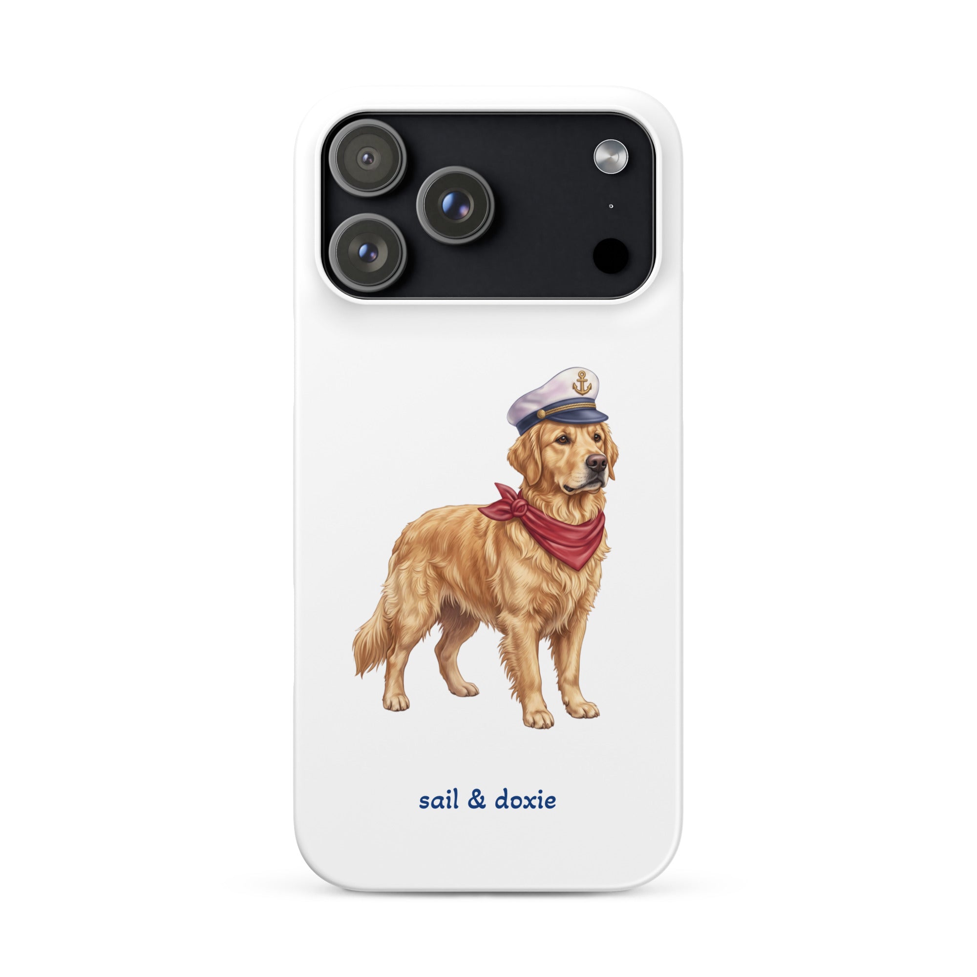 A white phone case featuring an illustration of a golden retriever dog dressed as a sailor in a white hat and red bandana, with the text 'sail & doxie' printed below. The case is shown on a clean white background.