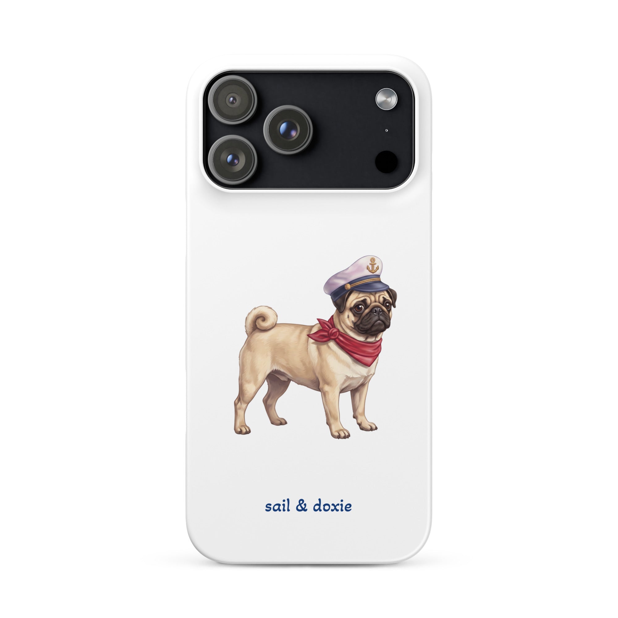 A white phone case featuring an illustration of a pug wearing a navy captain's hat and red neck scarf, with the text 'sail & doxie' printed below in blue. 