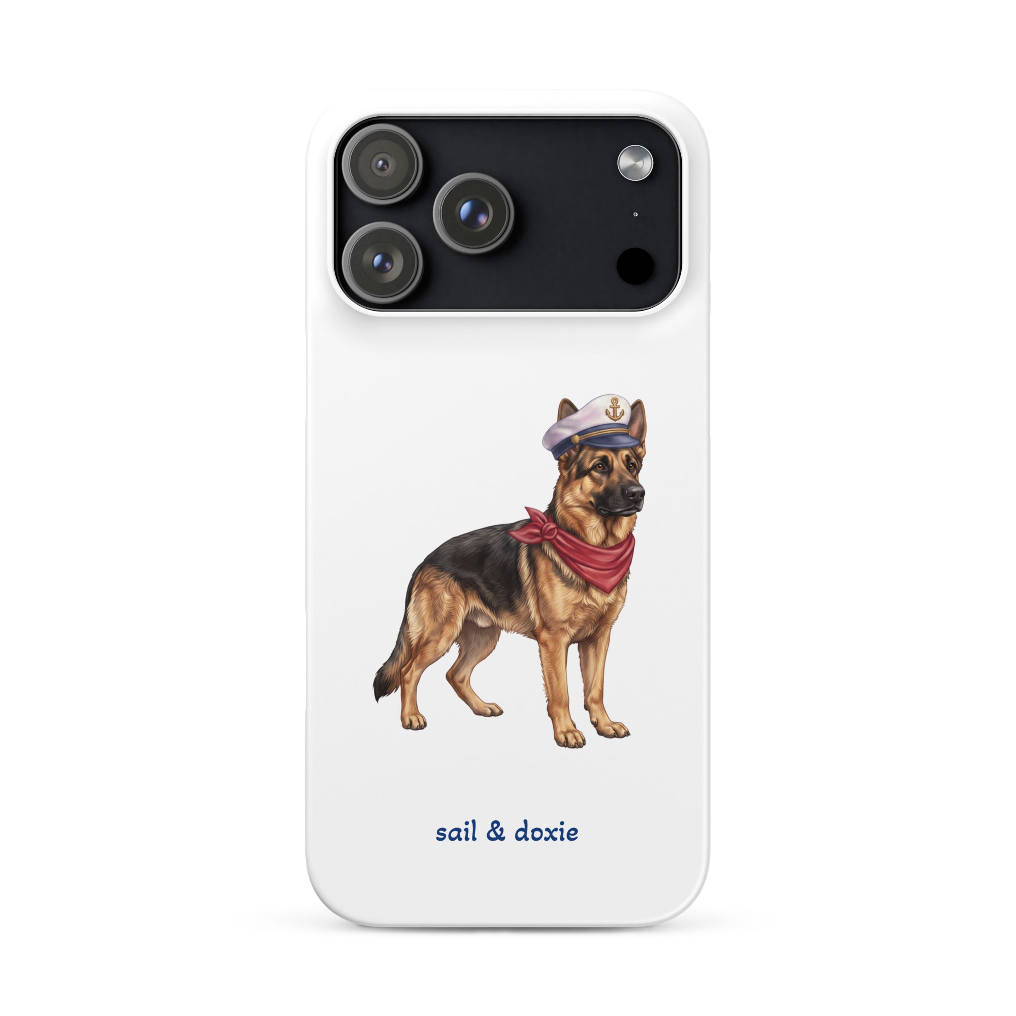 A white phone case featuring an illustration of a german shepherd wearing a captain's hat and red neckerchief, with the text 'sail & doxie' printed below. The case has a black camera cutout area and is shown on a plain white background.