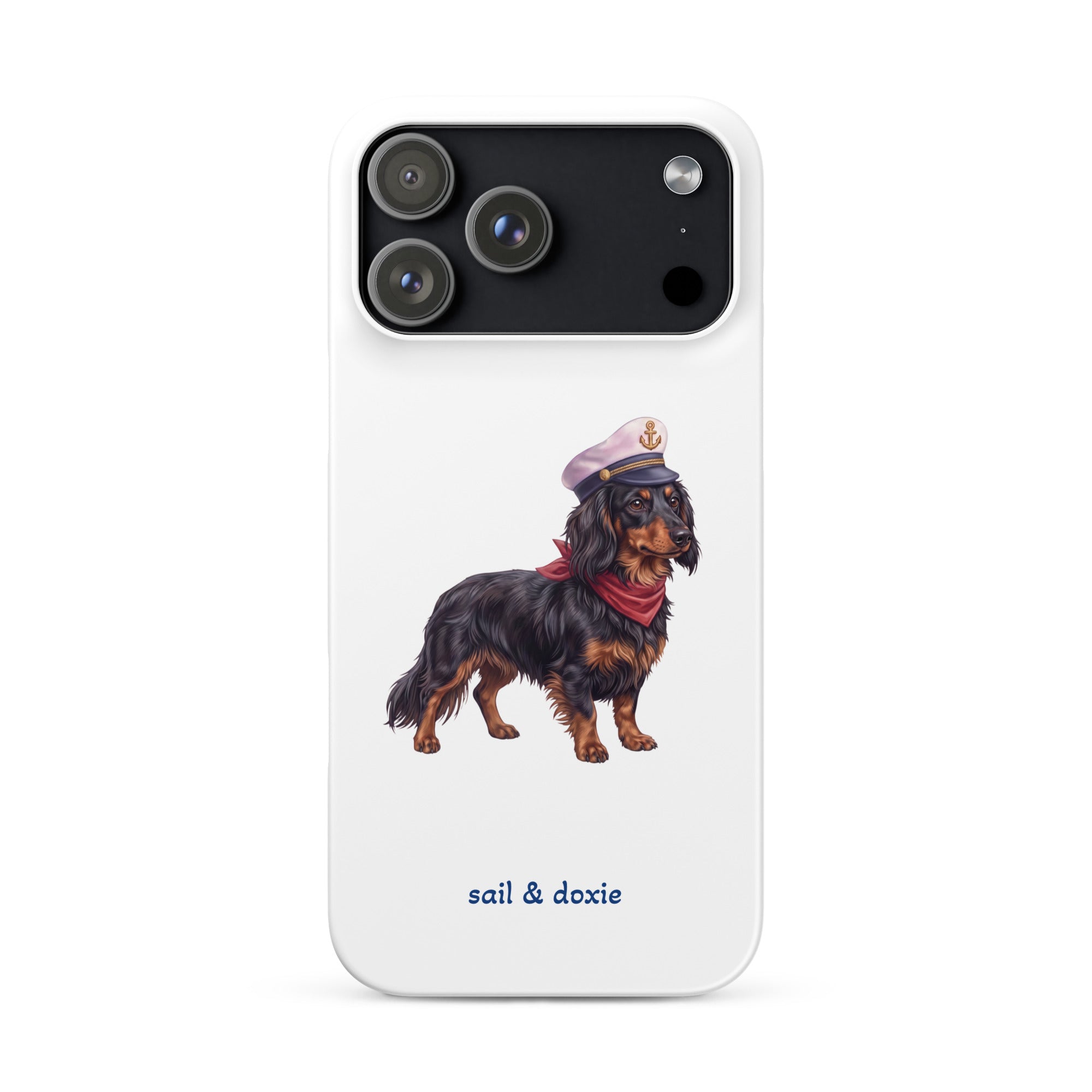Sail & Doxie iPhone Case – Dachshund (long hair) with captain's hat on a white background