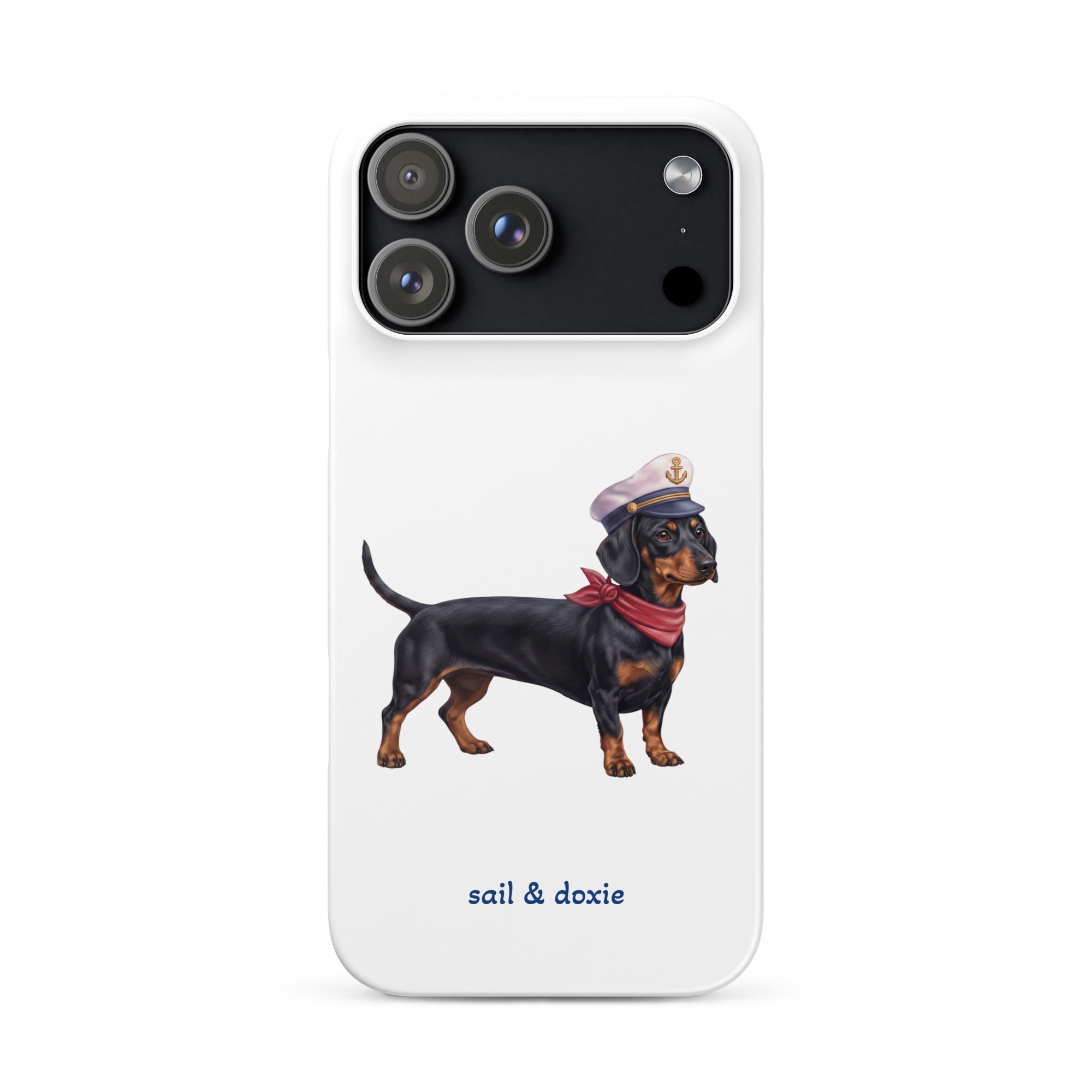 Sail & Doxie iPhone Case – Dachshund (black & tan) with captain's hat on a white background