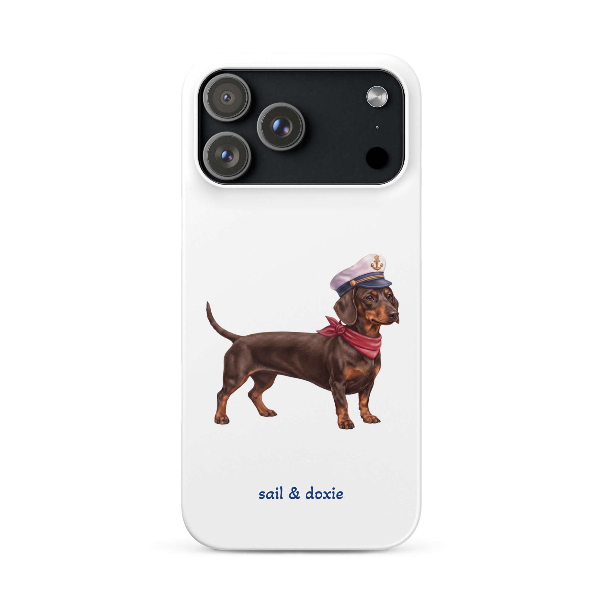 Sail & Doxie iPhone Case – Dachshund (chocolate) with captain's hat on a white background