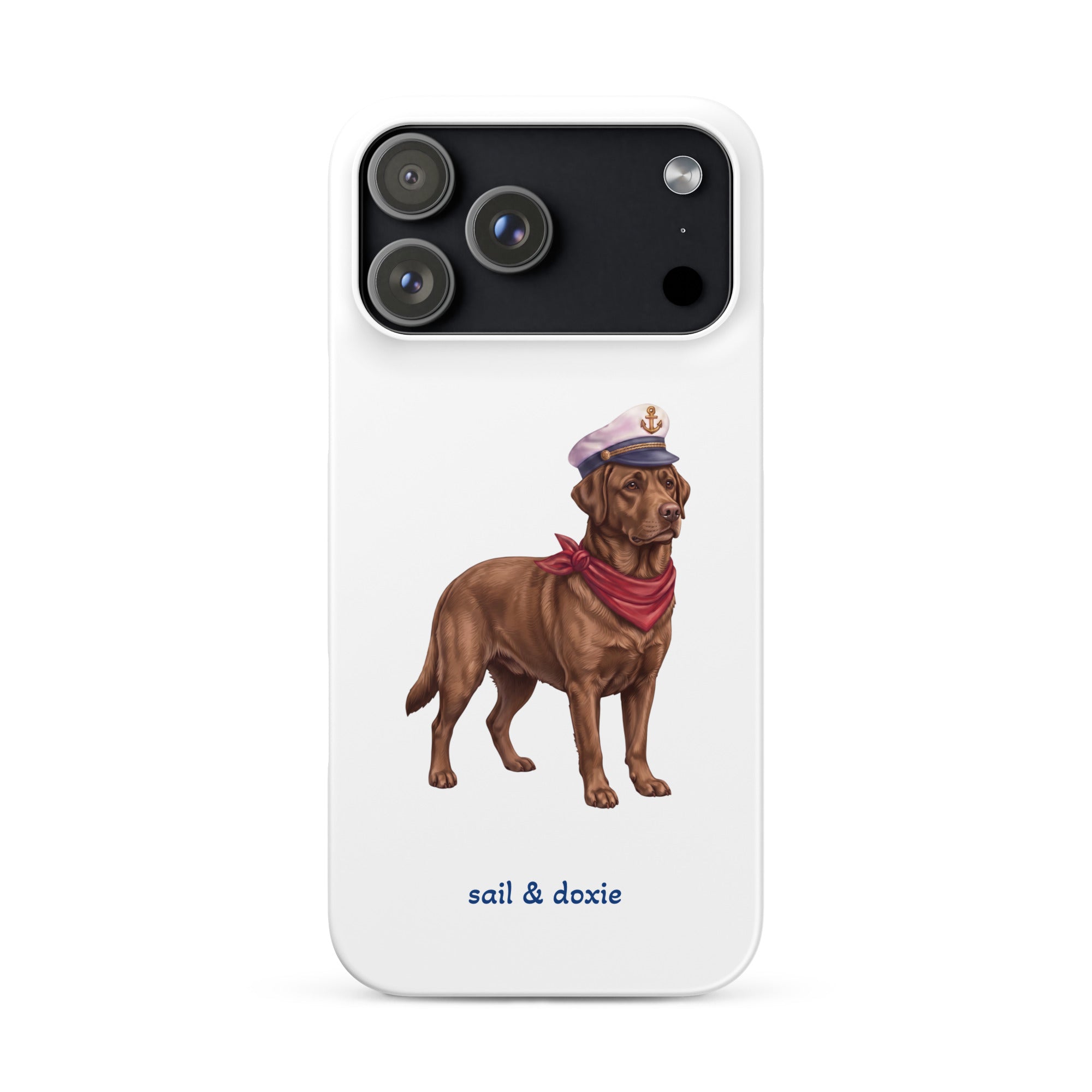 A white phone case featuring an illustration of a brown Labrador dressed as a sailor with a captain's hat and red neck scarf, with the text 'sail & doxie' printed below.