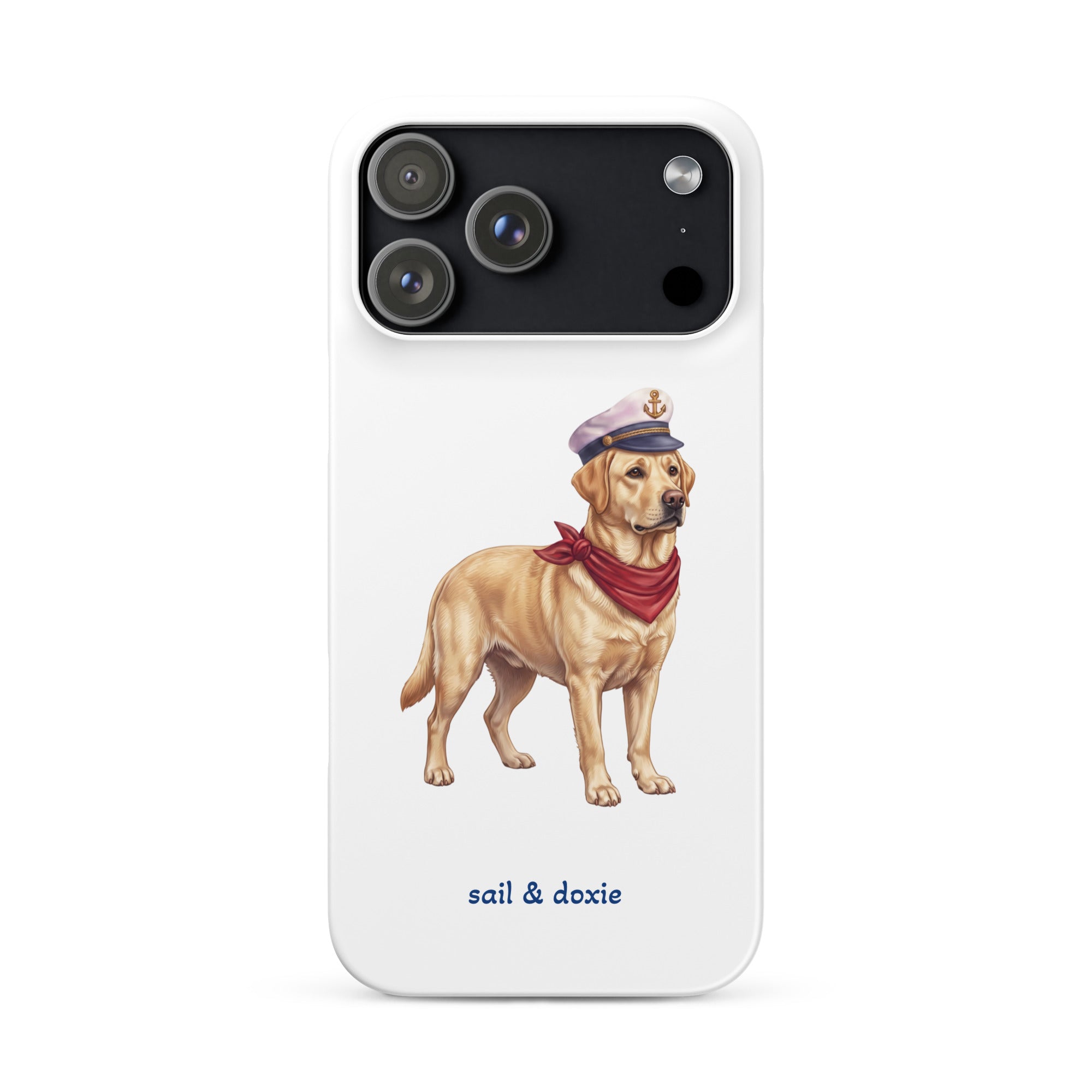 A white phone case featuring an illustration of a yellow Labrador dressed as a sailor with a captain's hat and red neck scarf, with the text 'sail & doxie' printed below.